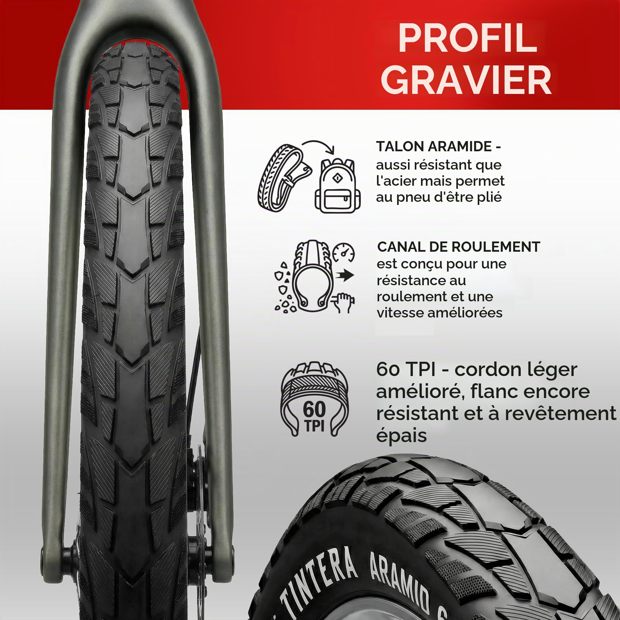 Fincci Pneu 700x45c Gros Crampons 47-622 Pliable avec Protection 60 TPI | Pneu VTC 700x45 avec 60 TPI et Pneu Vélo Anti Crevaison 28 x 1.75 pour une Pression de 40-65 PSI - Lot de 2