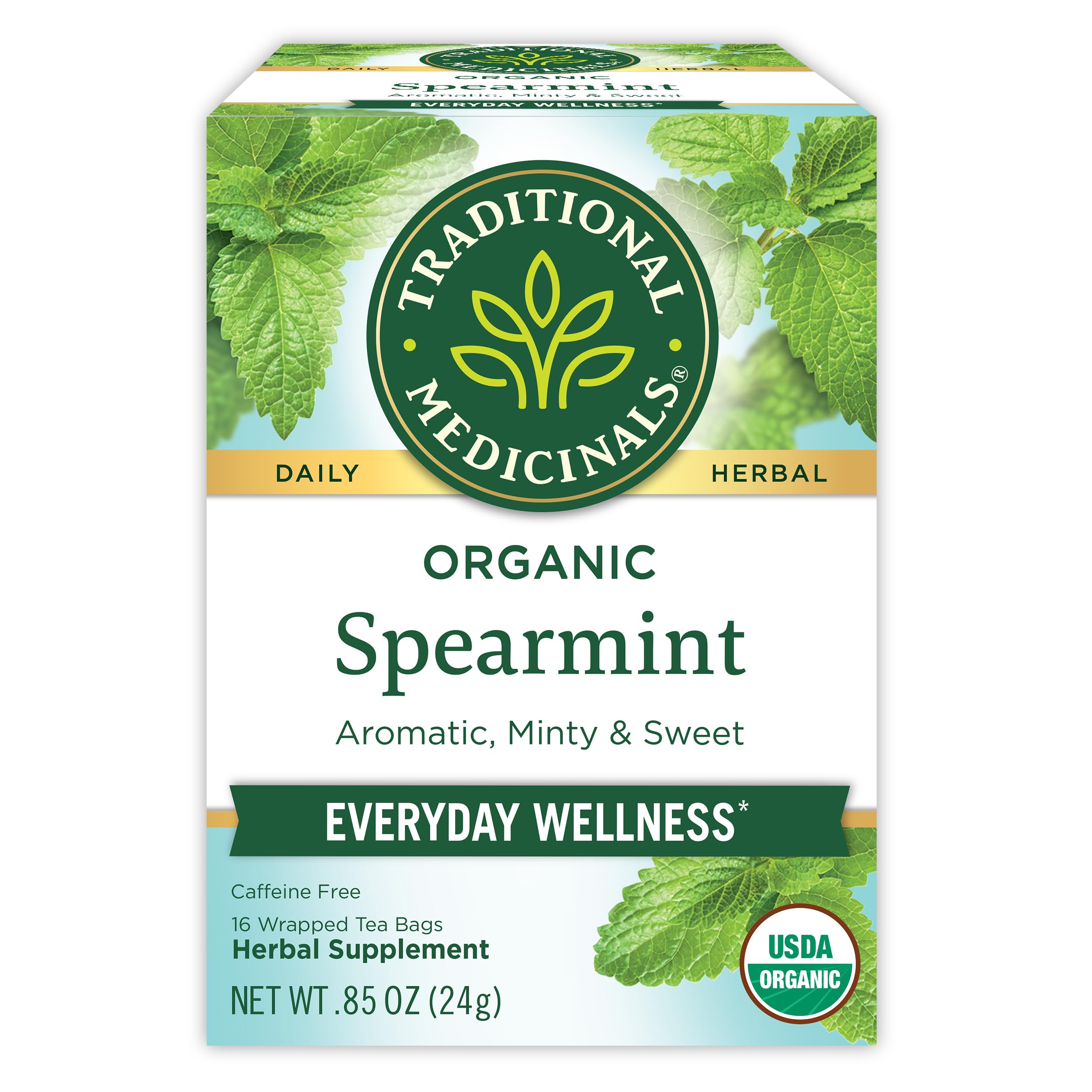 Traditional Medicinals Organic Spearmint Everyday Wellness Tea Bag | With Aromatic, Minty & Sweet Flavor | Caffeine Free | Herbal Supplement | 16 Tea Bags (Pack of 1)