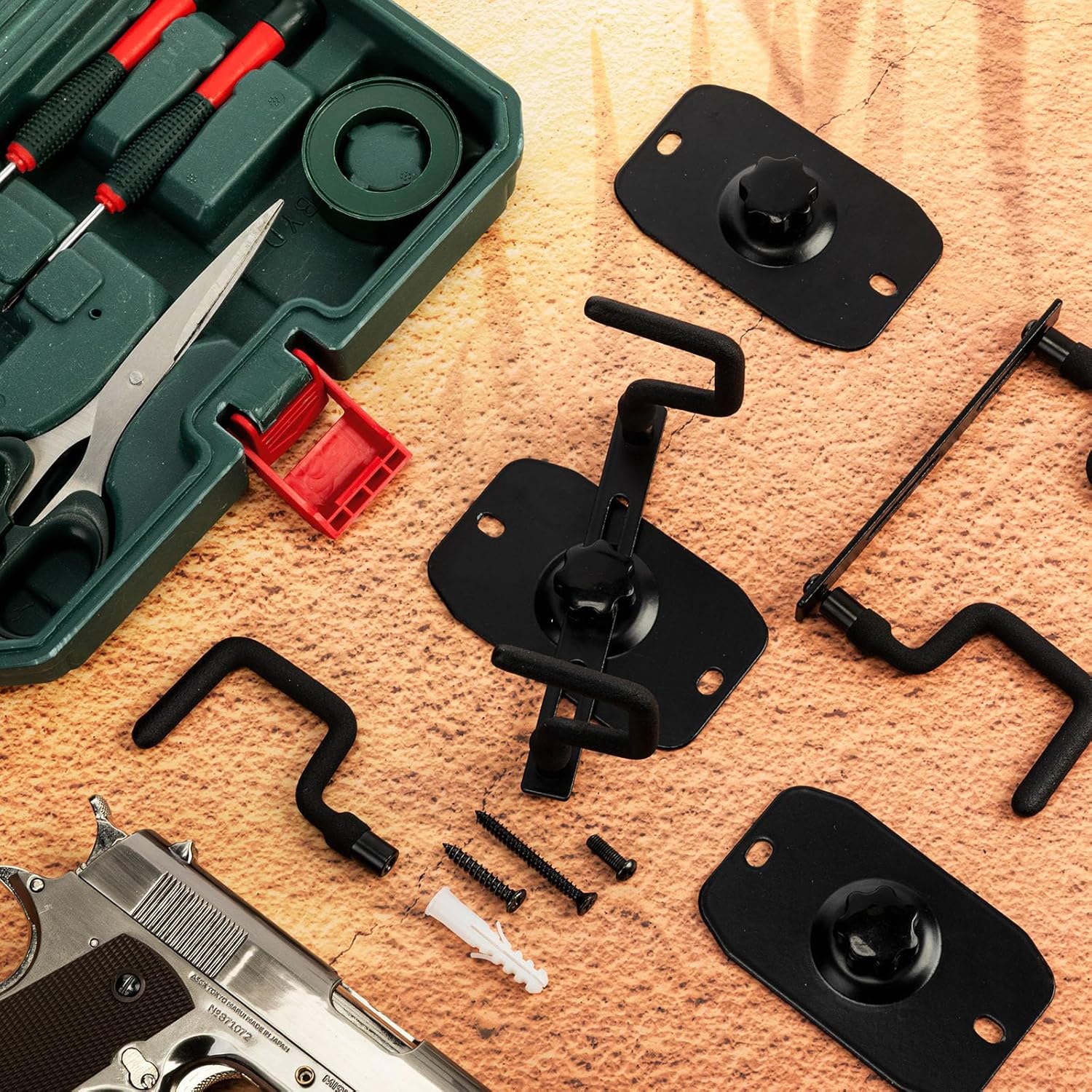 Yaocom 4 Pack Pistol Wall Mount Rack Slat Wall Gun Rack 360 Degree Left Right Adjustable Handgun Display Holder Fits Most Pistol Revolver Rifle Scope Display Heavy Duty Steel (Assembly Style)