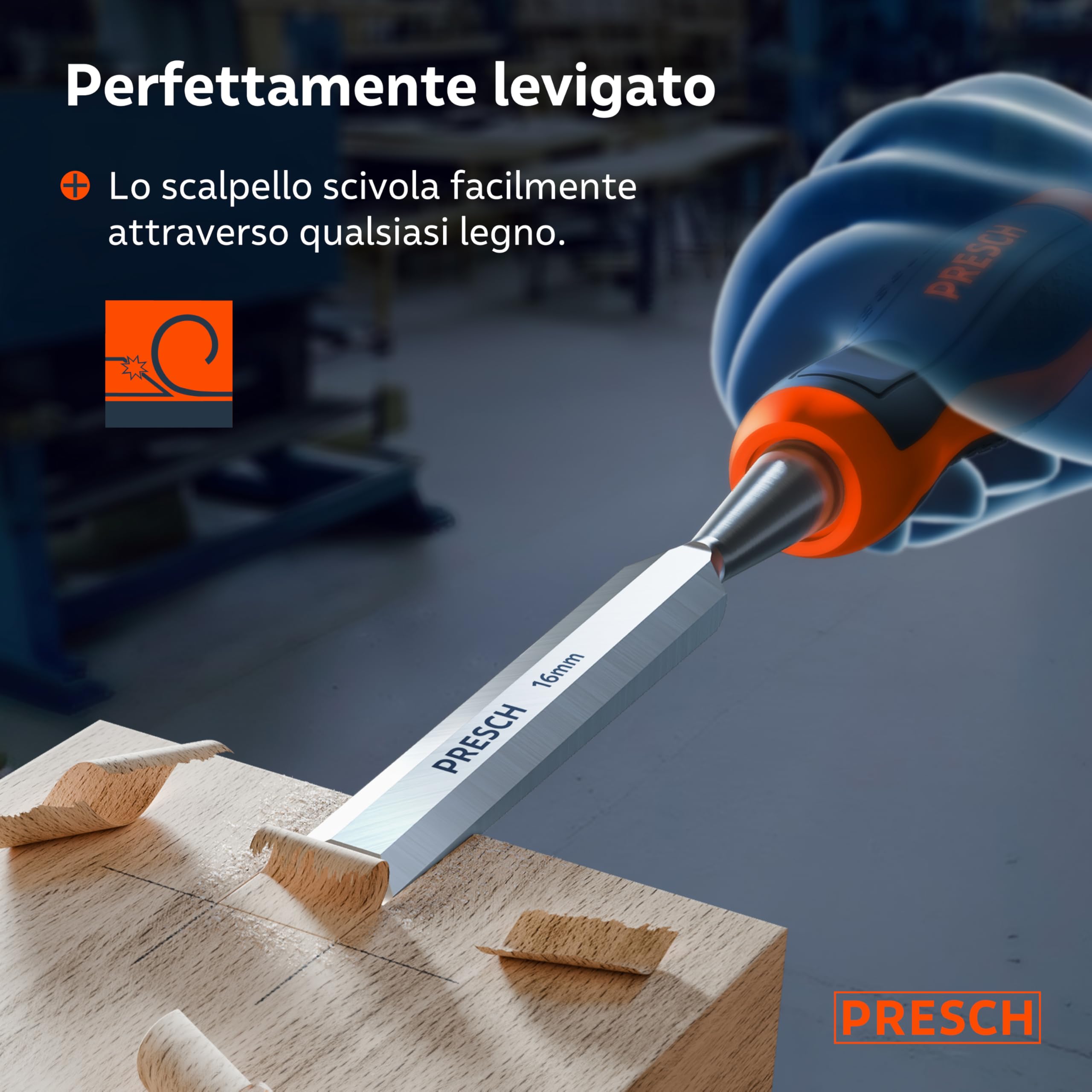 Presch Scalpello per legno 16mm - Completamente levigato per utilizzo immediato - Per professionisti con 25° angolo e robusta battuta in metallo - Impugnatura ergonomica per presa sicura