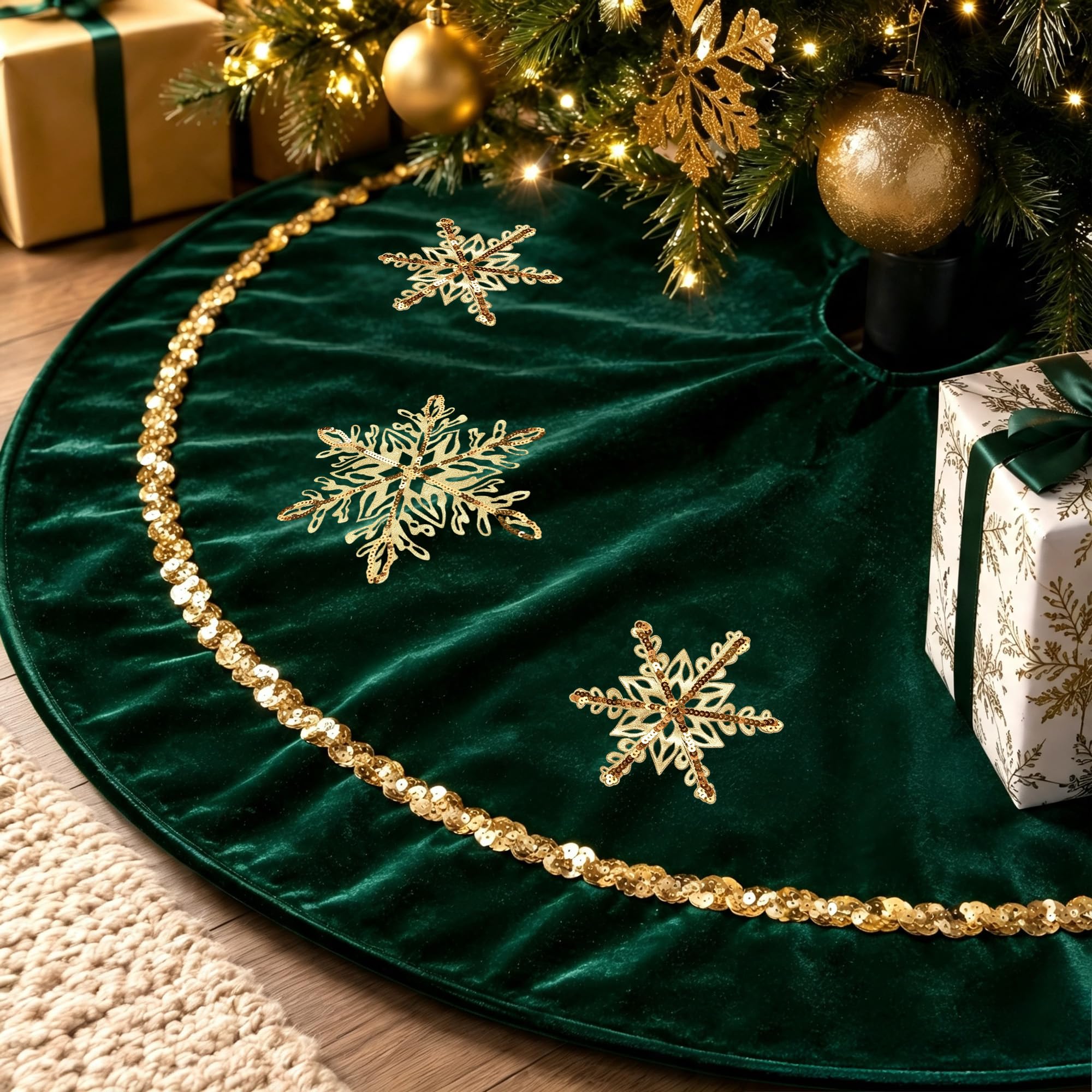 WANDIC Jupe de sapin de Noël verte 120 cm avec paillettes dorées en velours et fourrure pour décoration de fête de Noël vintage