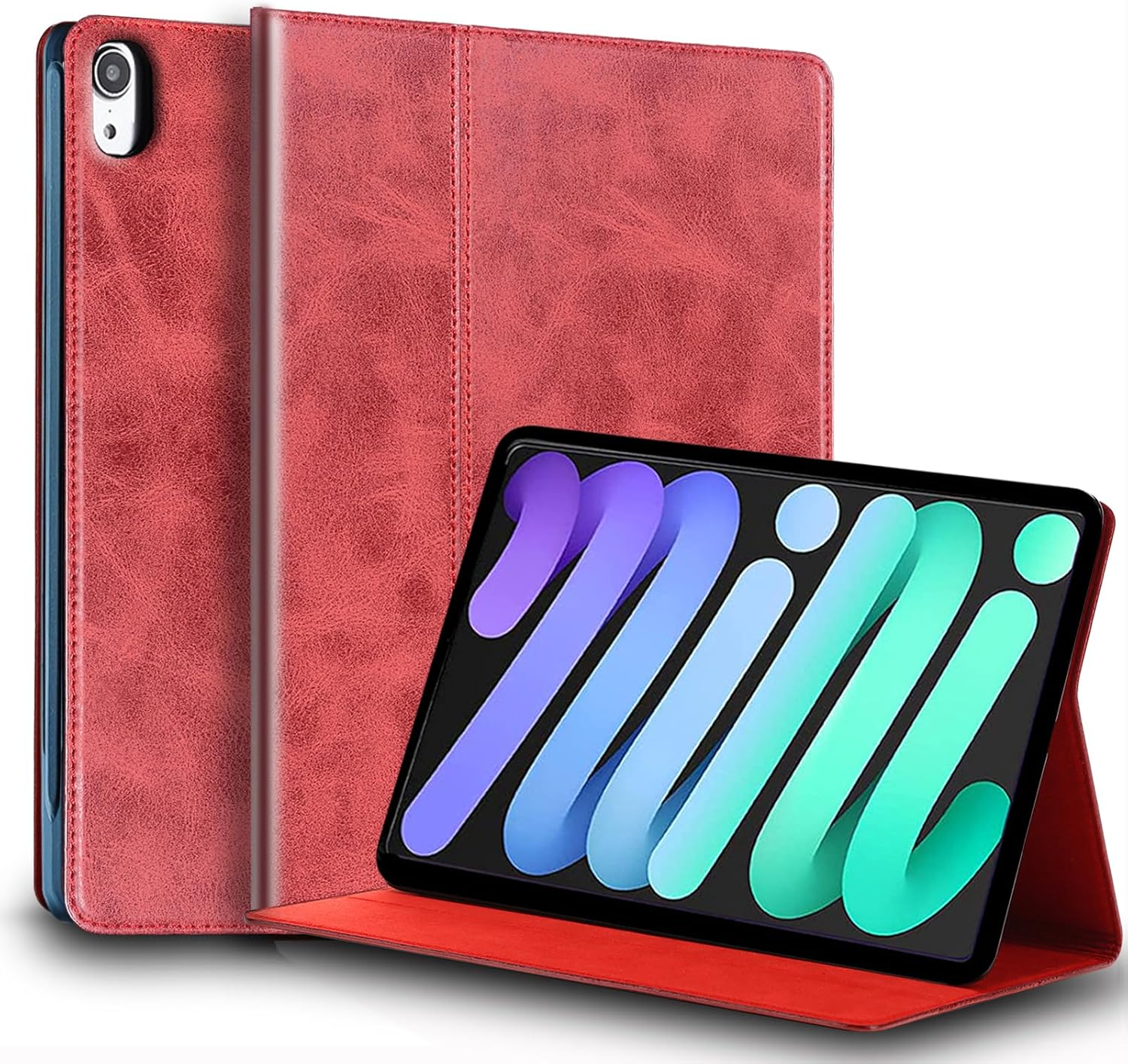 for Ipad Mini 7th Gen A17 Pro Case 2024 and Mini 6th Generation 8.3 inch 2021 Genuine Leather Cover Protective Shell,Auto Wake/Sleep.Red