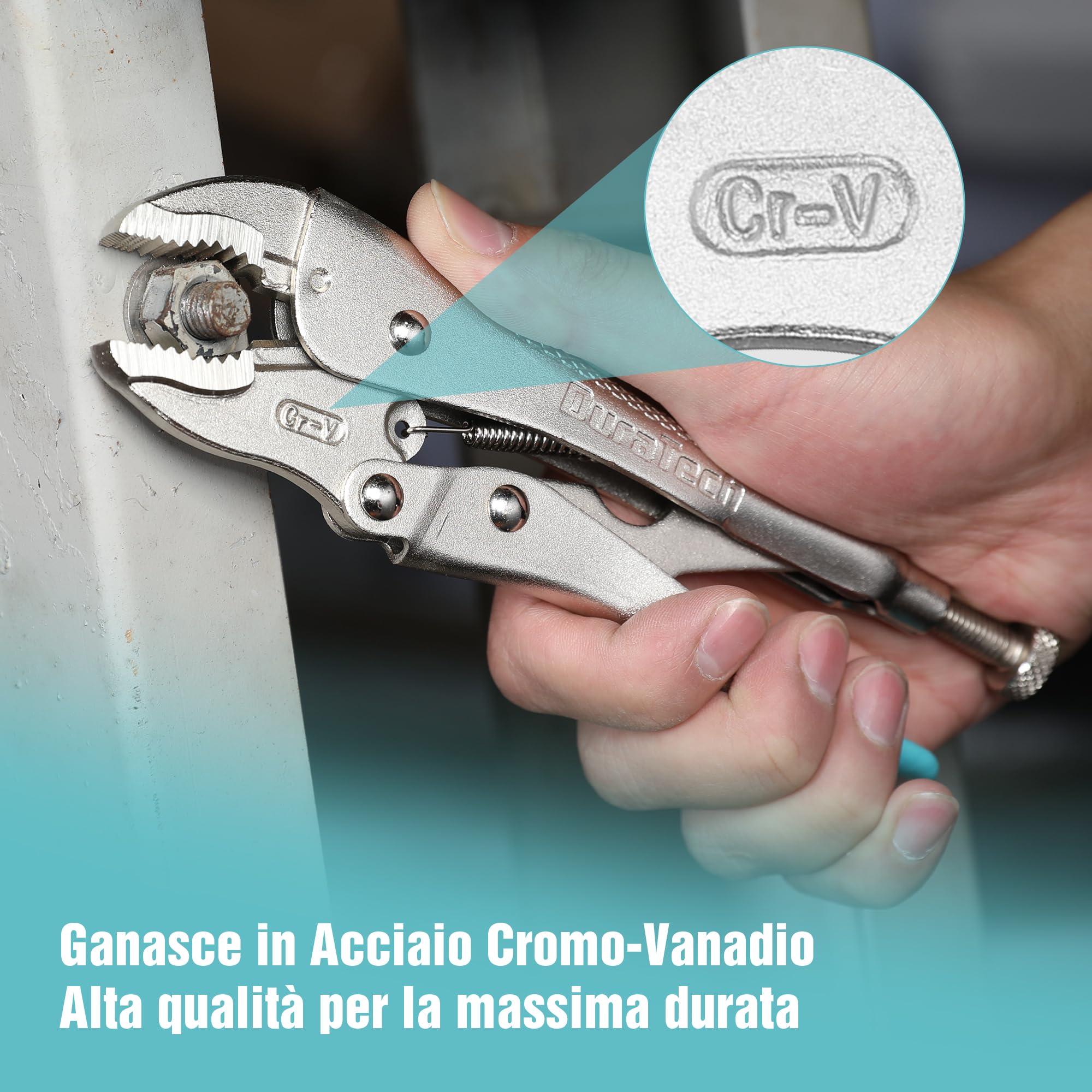 DURATECH 6 Pezzi Set di Pinze di Bloccaggio, 2 Pinze a Naso Lungo da 16,5 e 24 cm, 3 Pinze a Ganasce Curve da 12,7 e 17,8 e 25,4 cm, 1 Pinze con Morsetto a C da 15 cm, Custodia Incluso