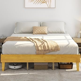Mellow Marley 14 Inch Solid Wood Platform Bed with Paneled Headboard, Natural Pine, King
