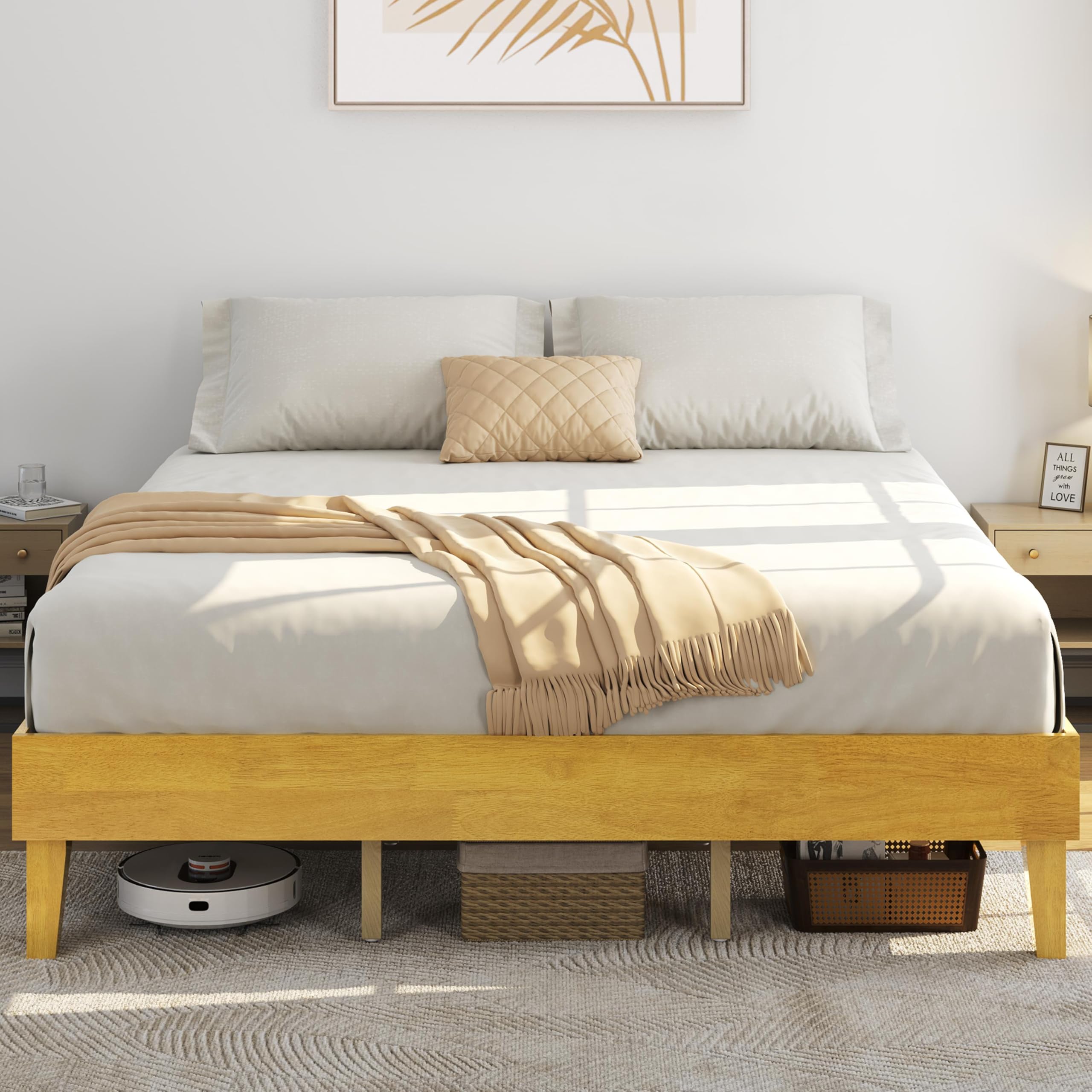 Yaheetech King Bed Frame Natural Solid Wood Platform Bed with Wooden Slats Support, 12-inch Underbed Space for Storage, Noise-Free Design, Easy Assembly, Natural Wood Finish