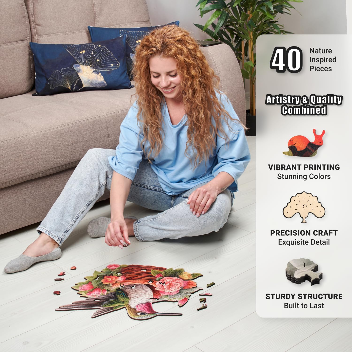 LEOGOR Puzzles en bois pour adultes – 350 pièces, 45 x 37,8 cm – Puzzles en bois extra épais de 5 mm pour adultes, grand puzzle mosaïque en forme d'oiseau, colibri glorieux, pièces uniques dessinées à