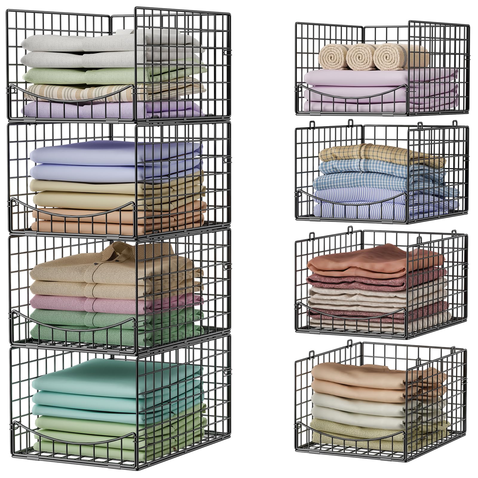 4-Tier Stackable Closet Organizers and Storage Shelves, Clothes Storage Basket, Clothes Shelf Organizer Sweater Organizer Bins Container for Wardrobe Kitchen Bathroom Office, Black