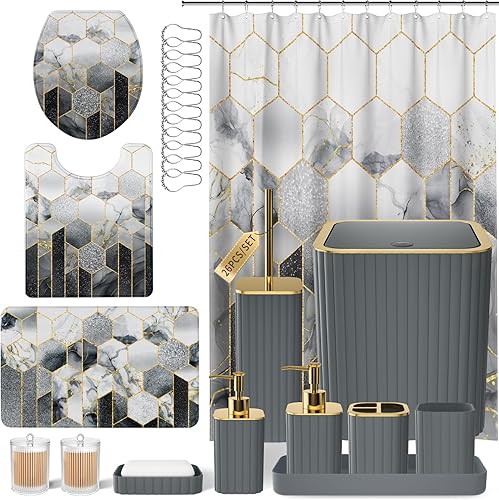 Vista 29 de Juego de baño – Juego de baño de 26 piezas con cortina de ducha y alfombras, juego de accesorios de baño, juego de accesorios de baño negro, bote