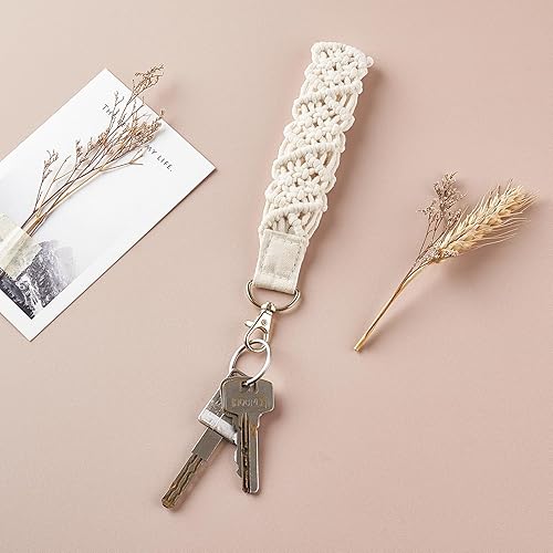 Miniatura 3 de Mkono Llavero de macramé, bonito llavero de pulsera, cordón de muñeca tejido bohemio para llaves, llaveros para tarjetas de identificación de coche