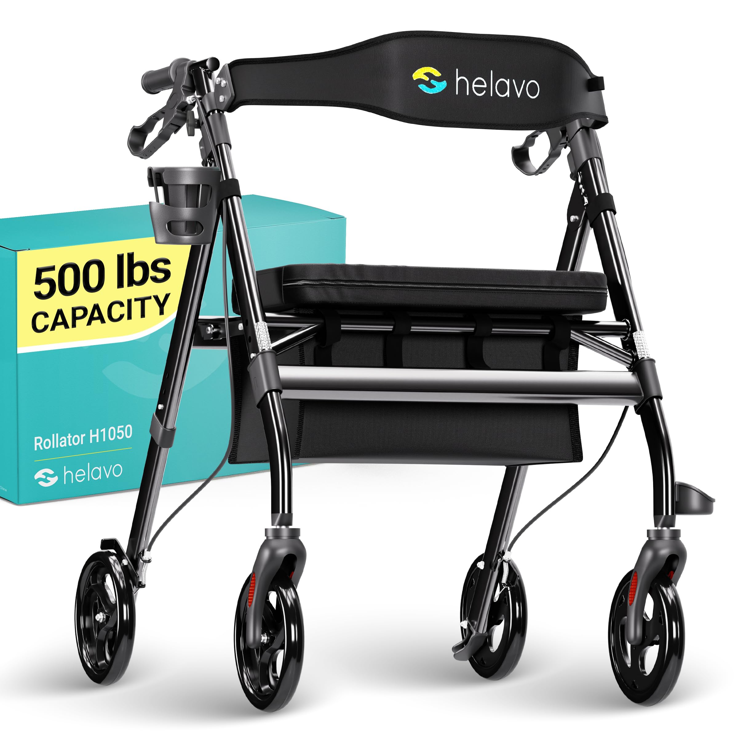 Helavo Bariatric Walker with Large, Height-Adjustable Seat, 500 lbs Weight Capacity, All Terrain 8-inch Wheels, 28-inch Wide - Extra Wide Heavy Duty Rollator for Seniors