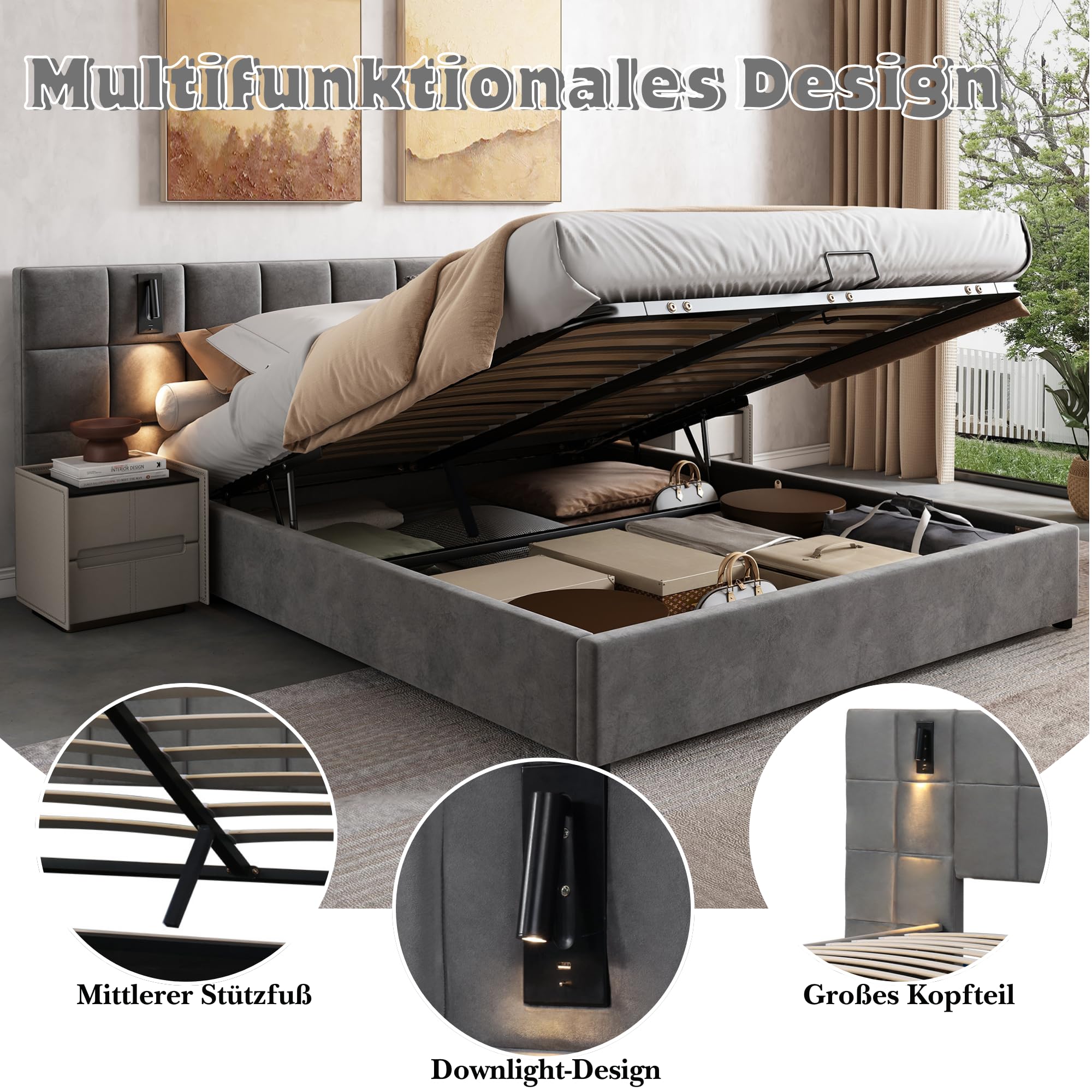 Cama Doble 180x200 cm, Cama Tapizada con Lámpara Direccional y Carga USB, Cama Matrimonio con Cabecero Ancho y Estructura de Acero, Espacio de Almacenamiento Hidráulico, Gris, Sin Colchón