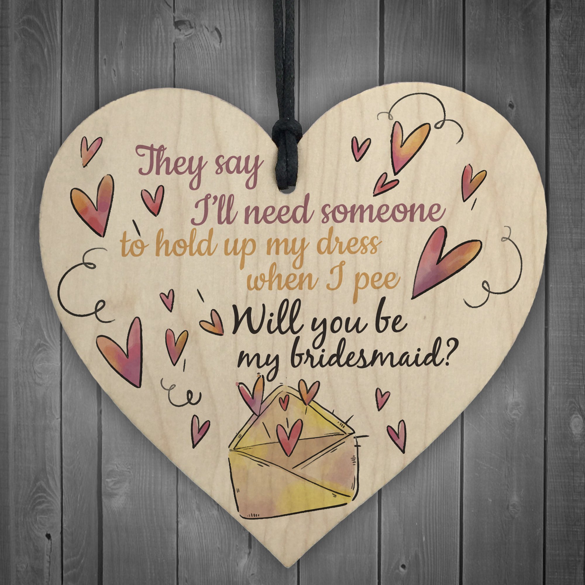Red Ocean FUNNY Will You Be My Bridesmaid Wooden Hanging Heart Brides Wedding Invitation Keepsake Gift Plaque Favours