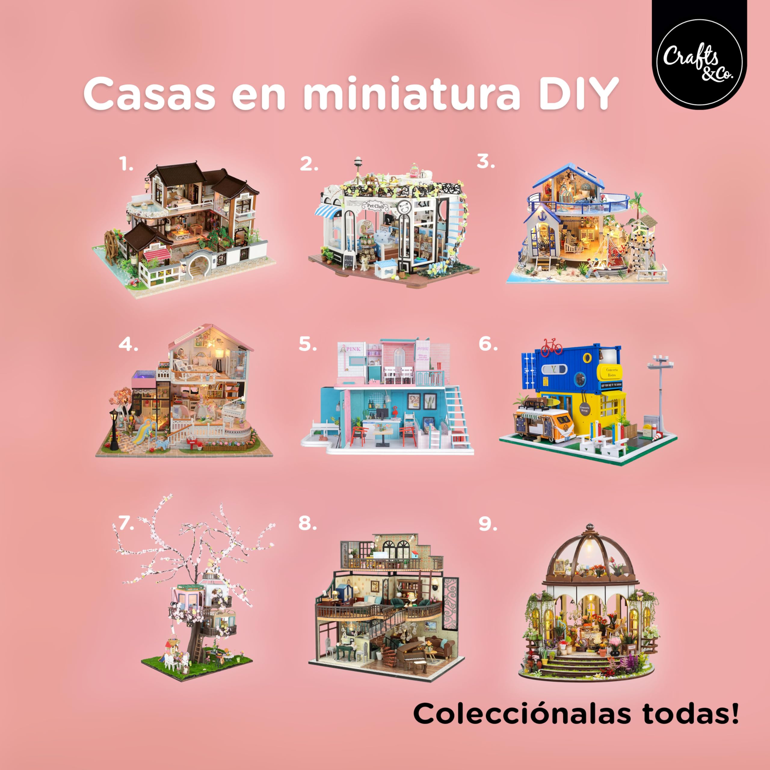 Crafts&Co® Casa en Miniatura DIY | Maqueta con Iluminación LED | Kit de Construcción 405 Piezas para Adultos | Casa de Muñecas para Montar con Accesorios y Herramientas | 25,5 x 21,5 x 24,5 cm