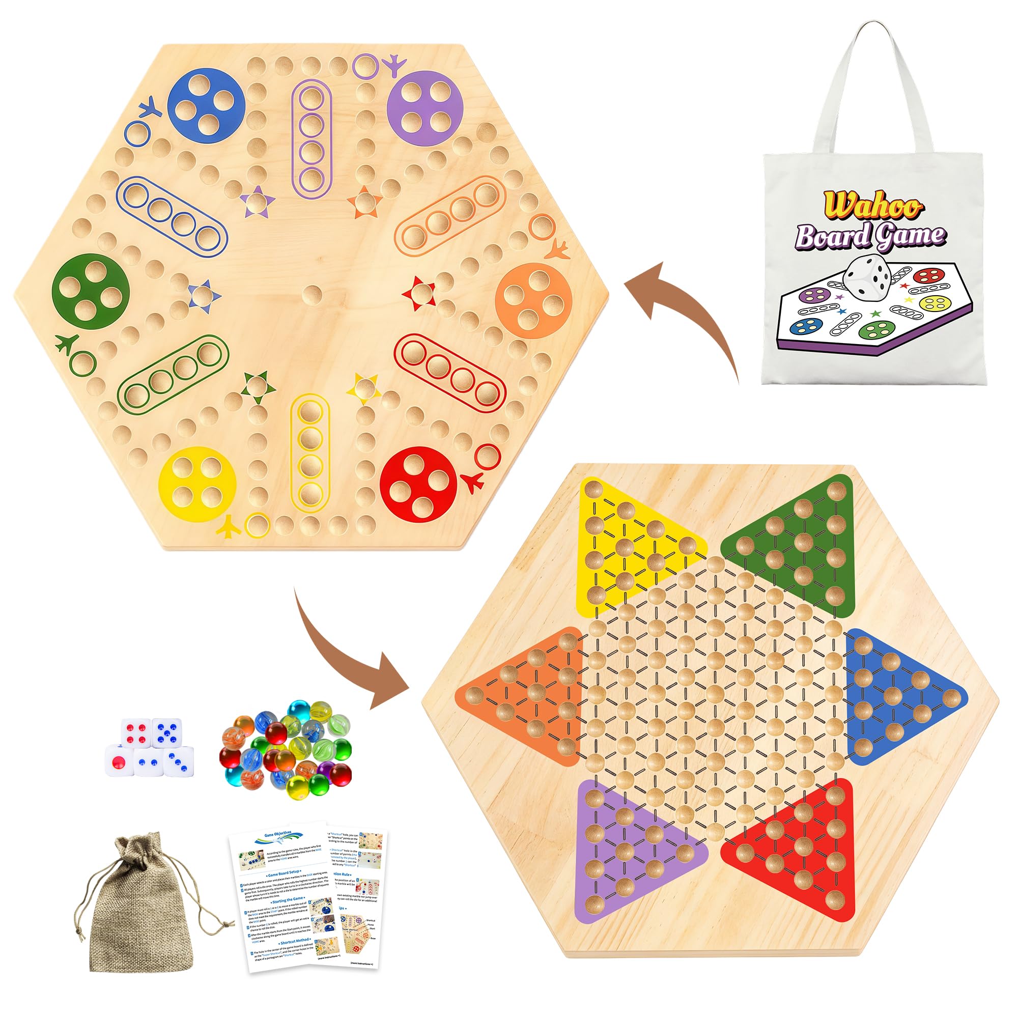 Photo 1 of 2 in 1 Wahoo Board Game & Chinese Checkers, 15 inch Marble Board Game Double Sided Painted Wooden Fast Track for 2 to 6 Players with Storage Bag and 36 Glass Marbles,6 Dices for Family Game Night