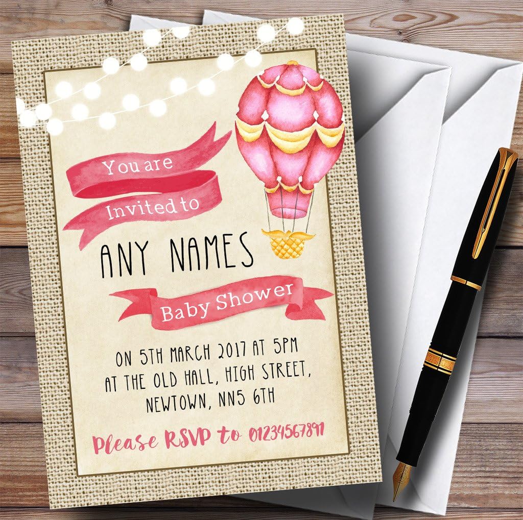 Vintage Burlap Girls Pink Hot Air Balloon Invitations Baby Shower Invitations