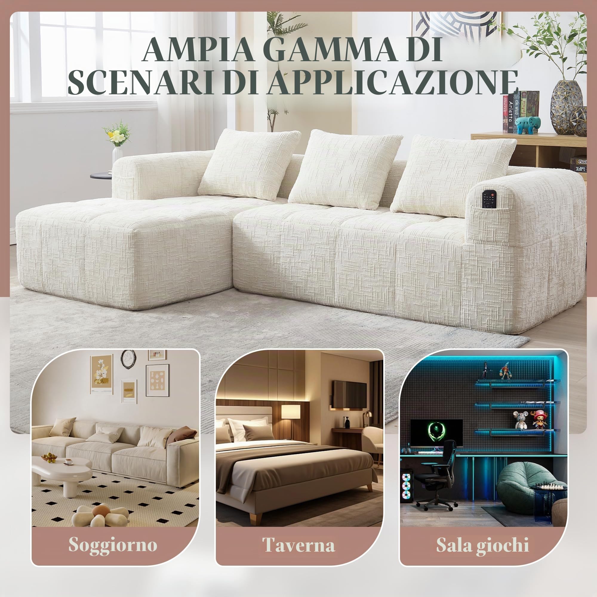 Divano angolare estensibile da 250 cm, divano letto angolare modulare a forma di L, divano compresso, divano a 3 posti con cuscini, tasca laterale, divano a 2 posti + angolo, Beige