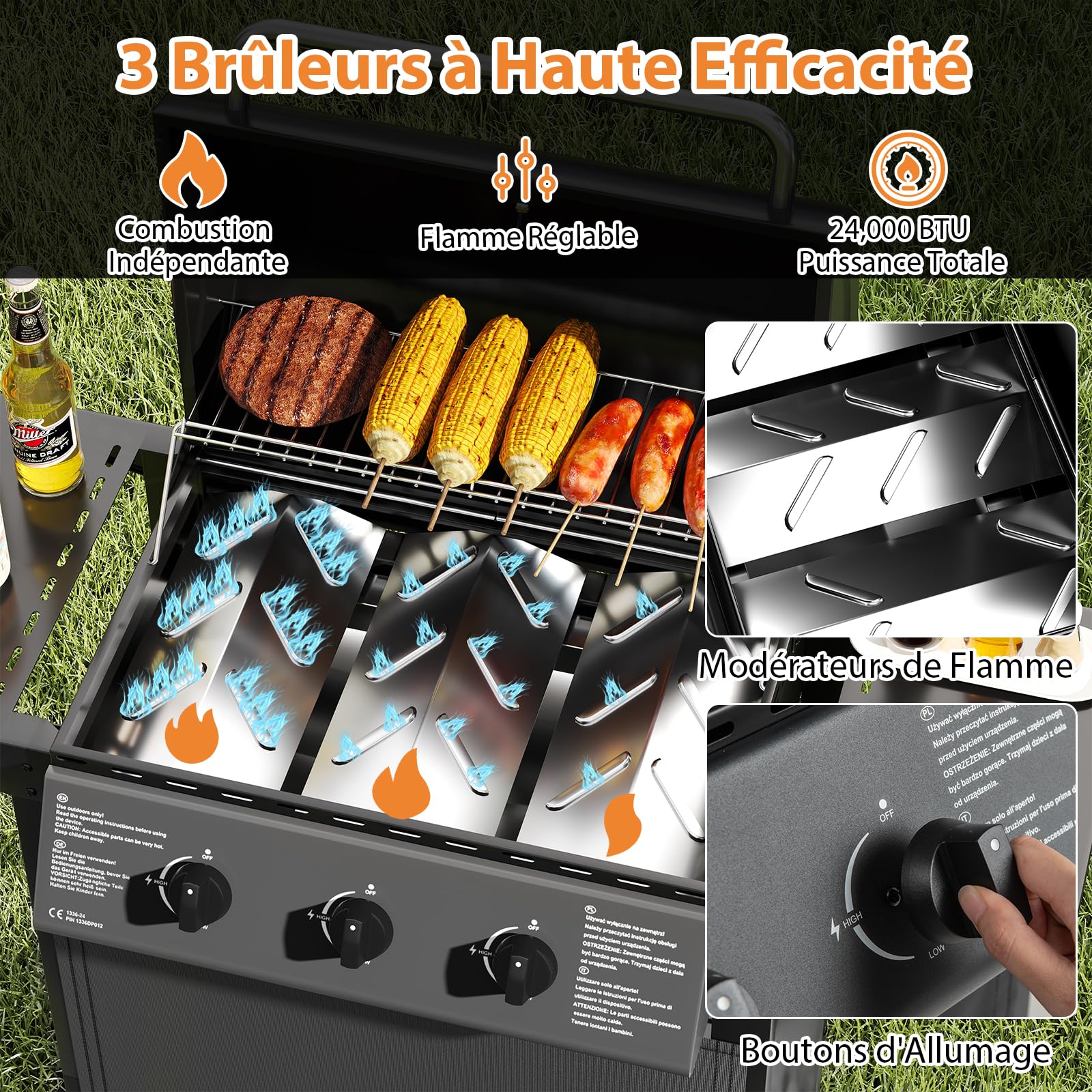 COSTWAY Barbecue Gaz Propane 3 Brûleurs, 24,000 BTU Gril à Gaz Extérieur avec Grilles en Acier Inoxydable Thermomètre 2 Tables Latérales, Chariot à Barbecue sur Roulettes pour Camping Jardin