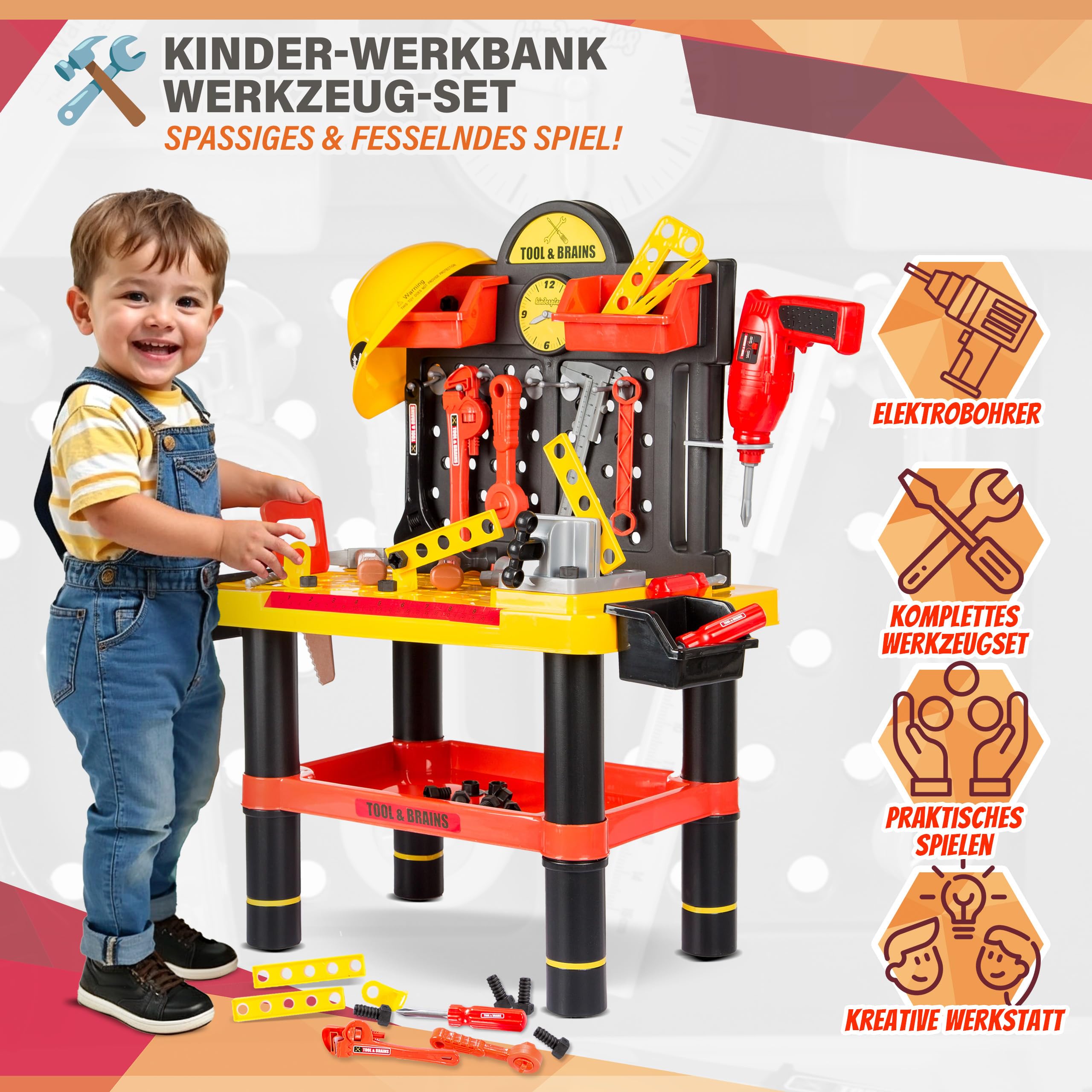 Kinderplay Warsztat dla Dziecka - warsztat dla dzieci, zestaw majsterkowicza z wiertarką i kaskiem, KP2646