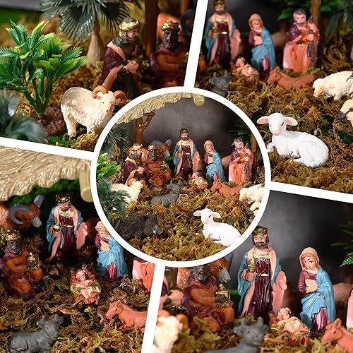 Miniatura 3 de Juego de 27 figuras de belén de Navidad, incluyendo bebé Jesús, estatua de la familia sagrada, modelo, árbol, musgo seco para mesa, decoración del