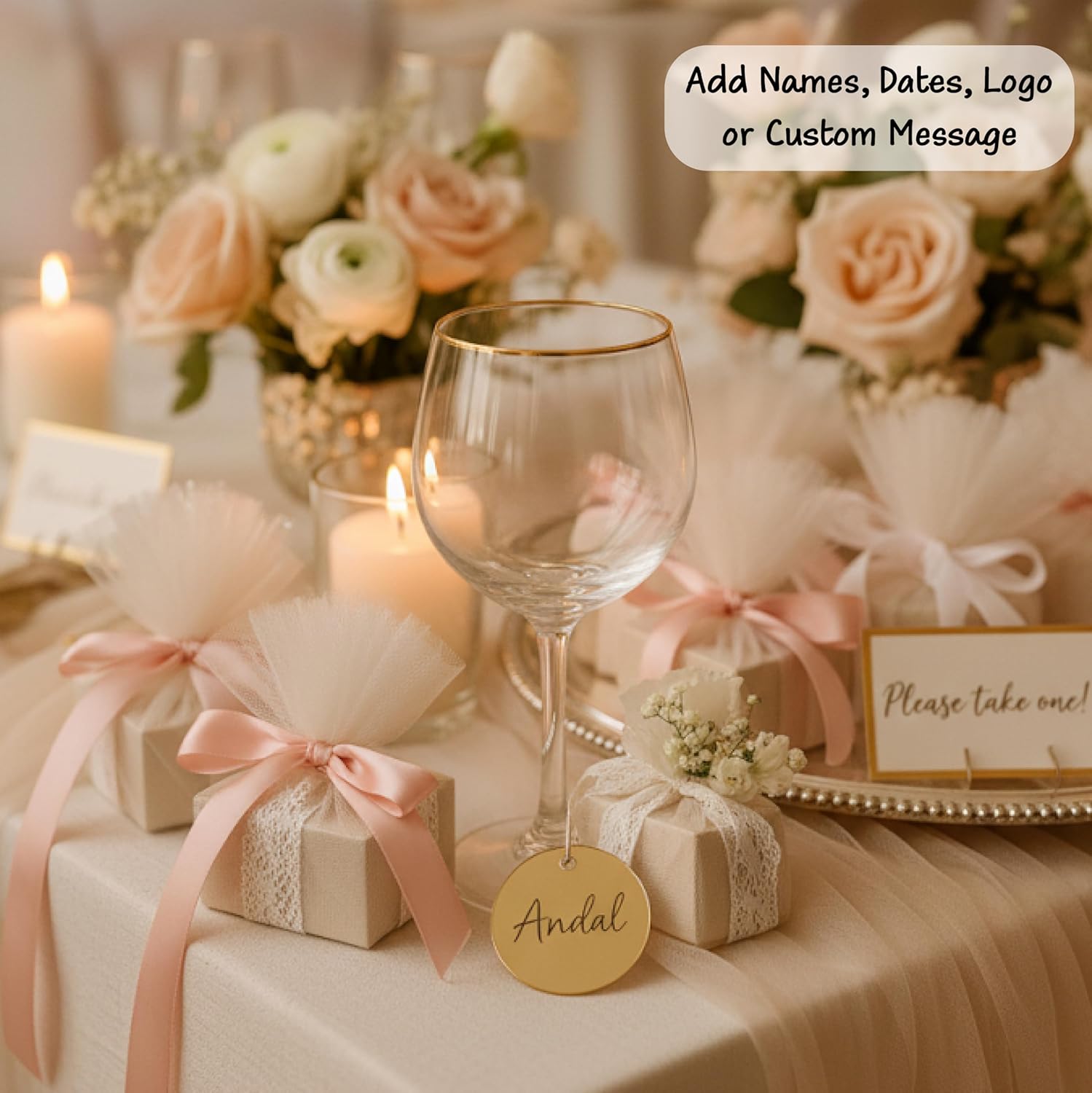 Personalized Acrylic Wine Glass Name Tags – Custom Wedding Guest Name Charms, Heart & Circle Shapes, Gold Silver Rose Gold Colors