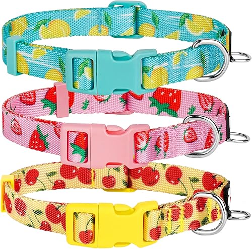 azuza Paquete de 3 collares de perro con diseño de frutas, cómodos y ajustables de nailon para perros pequeños, S (11-16 pulgadas), fresa, limón y