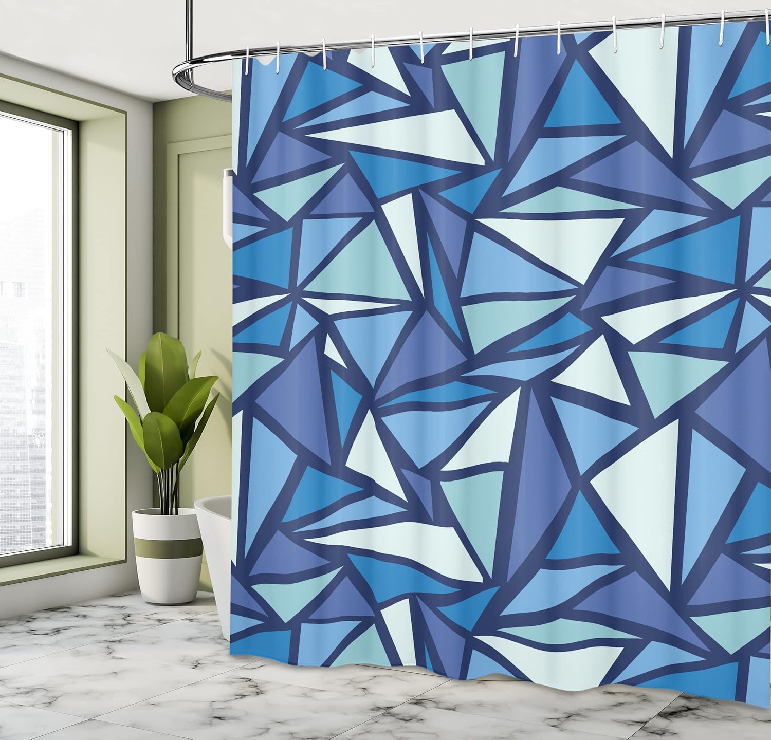 Ambesonne Geometric Shower Curtain, Abstract Ice Crystal Pattern Frost Cold Triangle Monochromatic Art, Cloth Fabric Bathroom Decor Set with Hooks, 69" W x 70" L, Night Blue