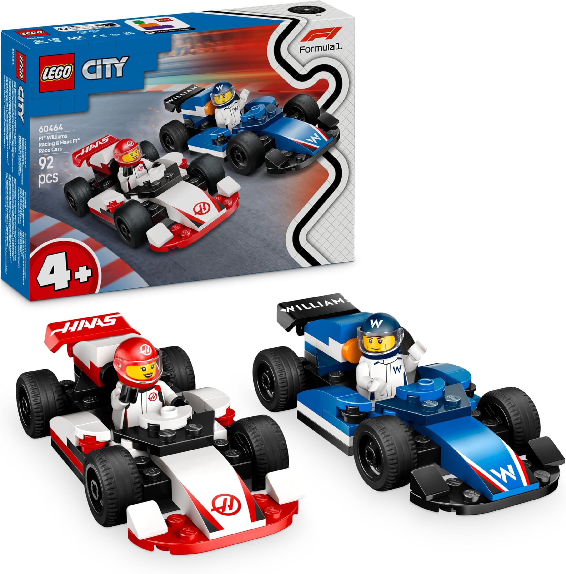 – City F1 Williams Racing & Haas F1 Race Cars - Toy Formula 1 Building Models with 2 Driver Minifigures & Start Lights - Small Gift Idea for 4+ Year Old Toddlers, Boys & Girls - 60464