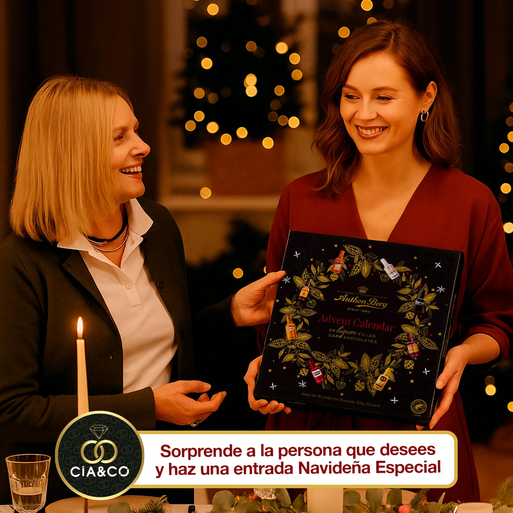 Calendario de Adviento Anthon Berg 2025 · Formato Libro · 24 Mini Botellitas de Chocolate Negro Rellenas de Sabores Exclusivos · Incluye Tarjeta Personalizada Cia&Co · Regalo Gourmet de Navidad 375 gr