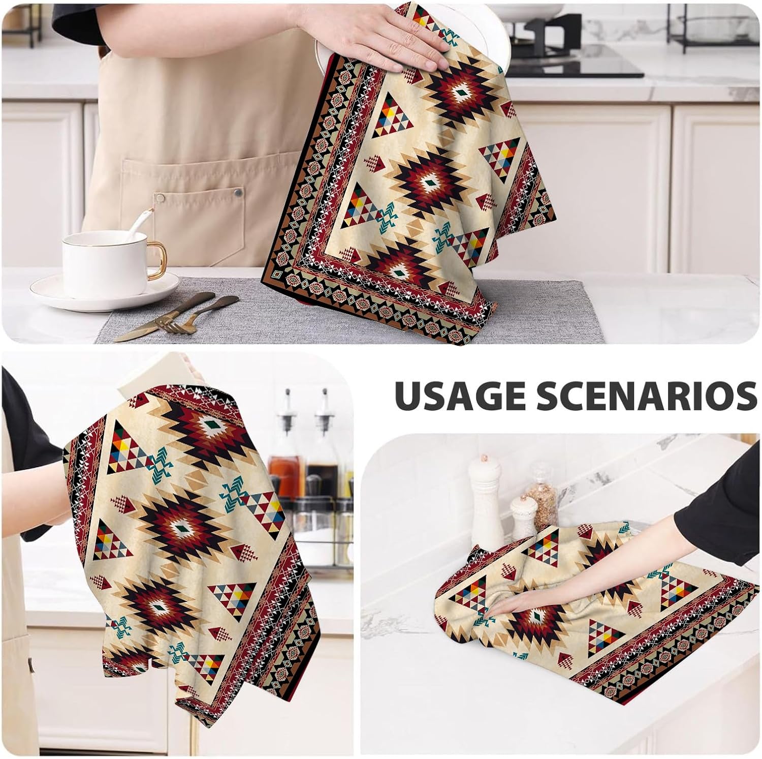 Western Aztec Boho Kitchen Towel Set of 2, Southwestern Native American Decorative Dish Towels Absorbent Red Vintage Hand Drying Cloth Holiday Housewarming Gifts Aztec Kitchen Decor 16"x24" - Image 6