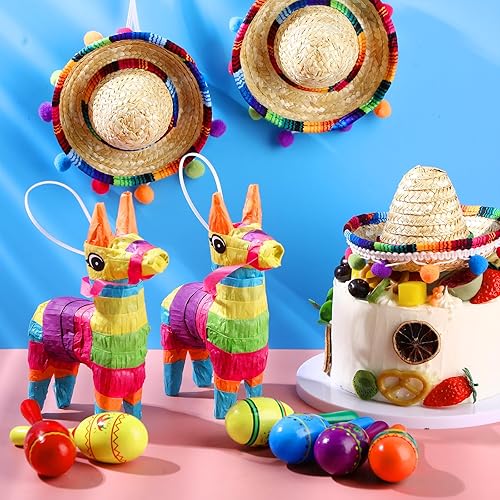 Miniatura 10 de Hungdao 24 piezas de decoraciones de fiesta mexicana, incluye mini piñata de burro, maracas de fiesta de madera para niños, mini sombrero, sombreros