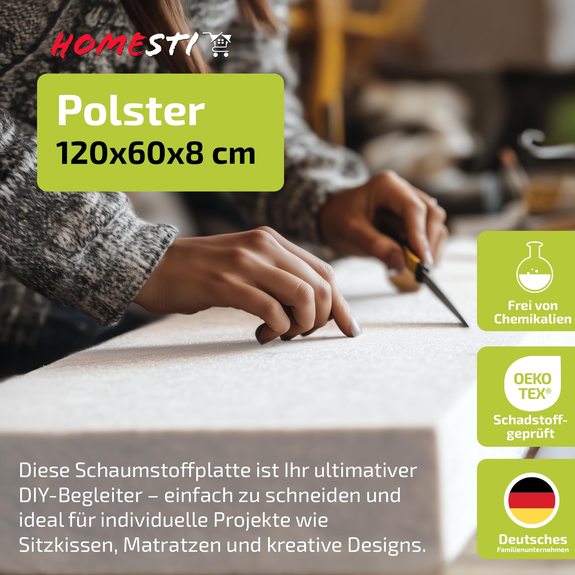 Schaumstoffplatte in 120 x 60 x 8 cm, mittlere Härte, Schaumstoffmatte zuschneidbar, als Sitzpolster, Matratzen, DIY Projekte, Paletten