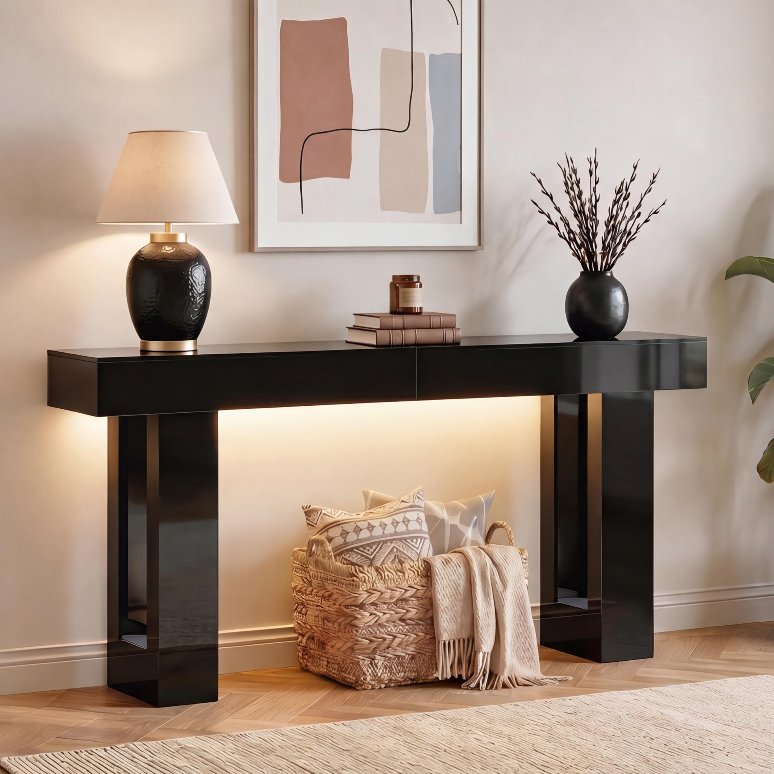 High-Gloss Black Console Table with LED Lighting, 63 inches