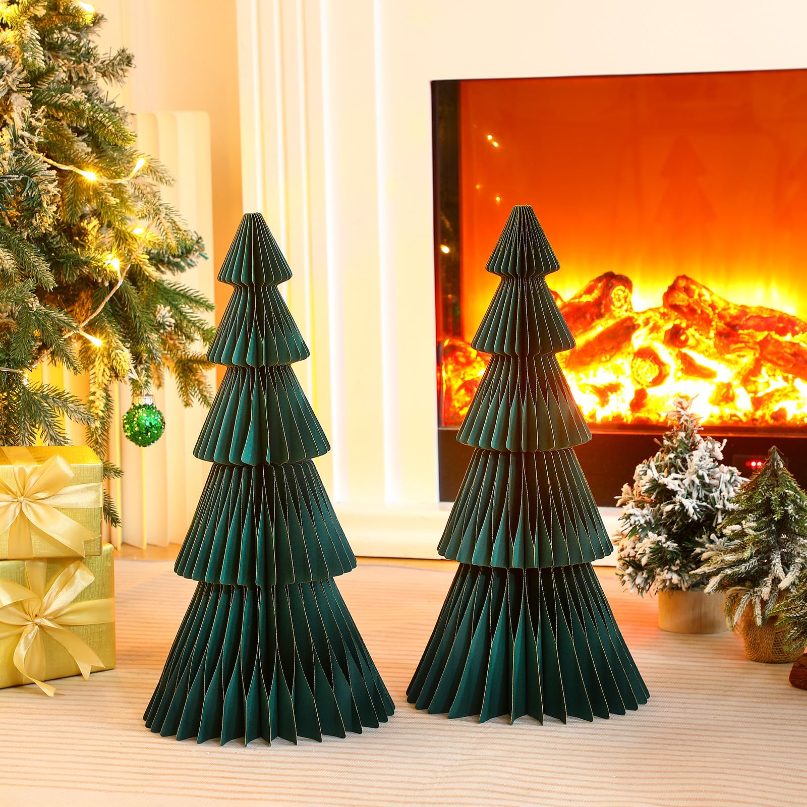 2 Pcs 20 Inch Large Paper Christmas Trees Decorations 3D Green Honeycomb Neutral Christmas Trees Glitter Edge Magnetic Folding Xmas Paper Crafts for Xmas Home Mantel Holiday Party Decorations