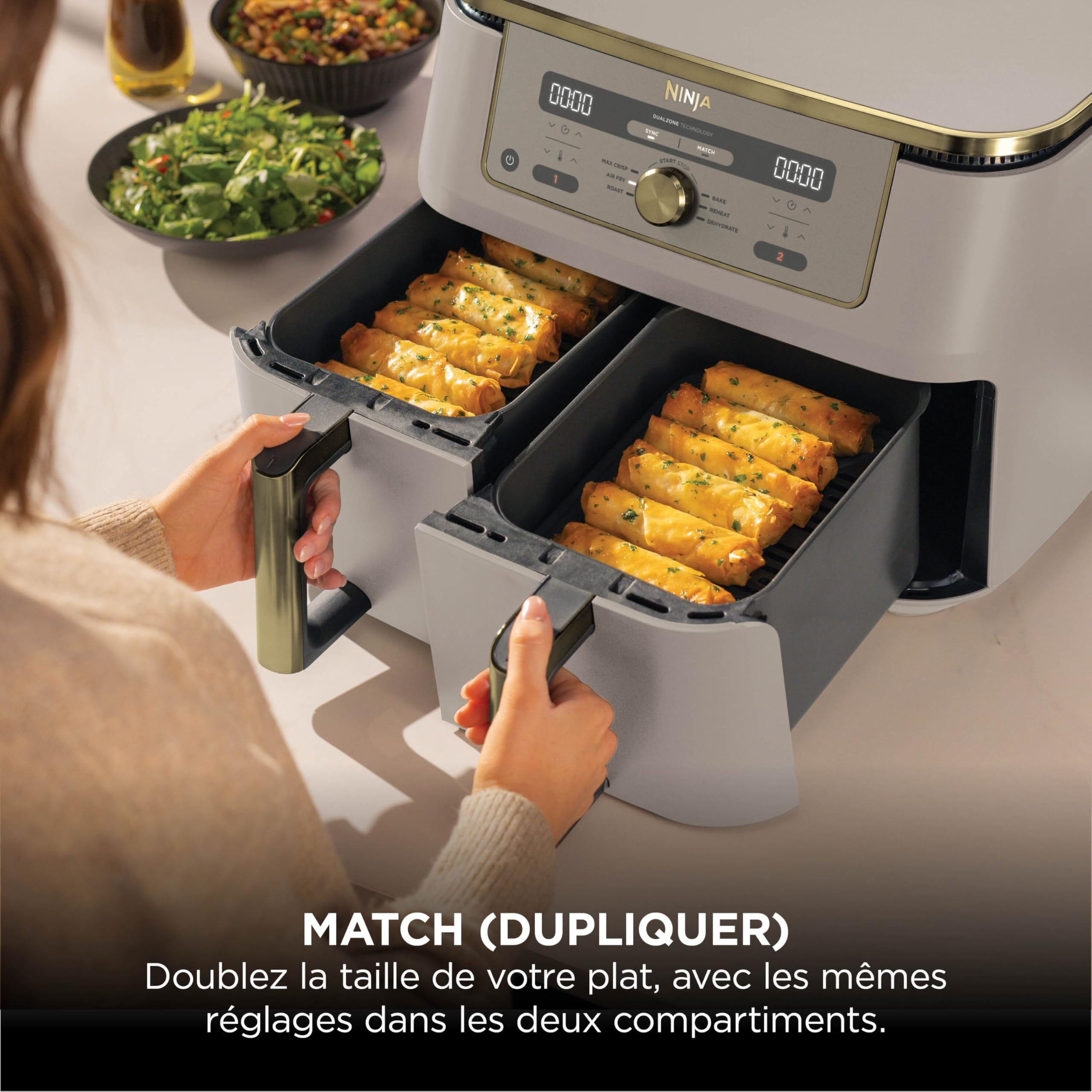 Ninja Air Fryer Dual Zone MAX numérique, Friteuse à air chaud grande capacité, 9,5 L, Sans huile, Air Fry, Croustillant max, Cuire au four, Rôtir, Déshydrater, Réchauffer, Stone/or, DZ400EUSTGD