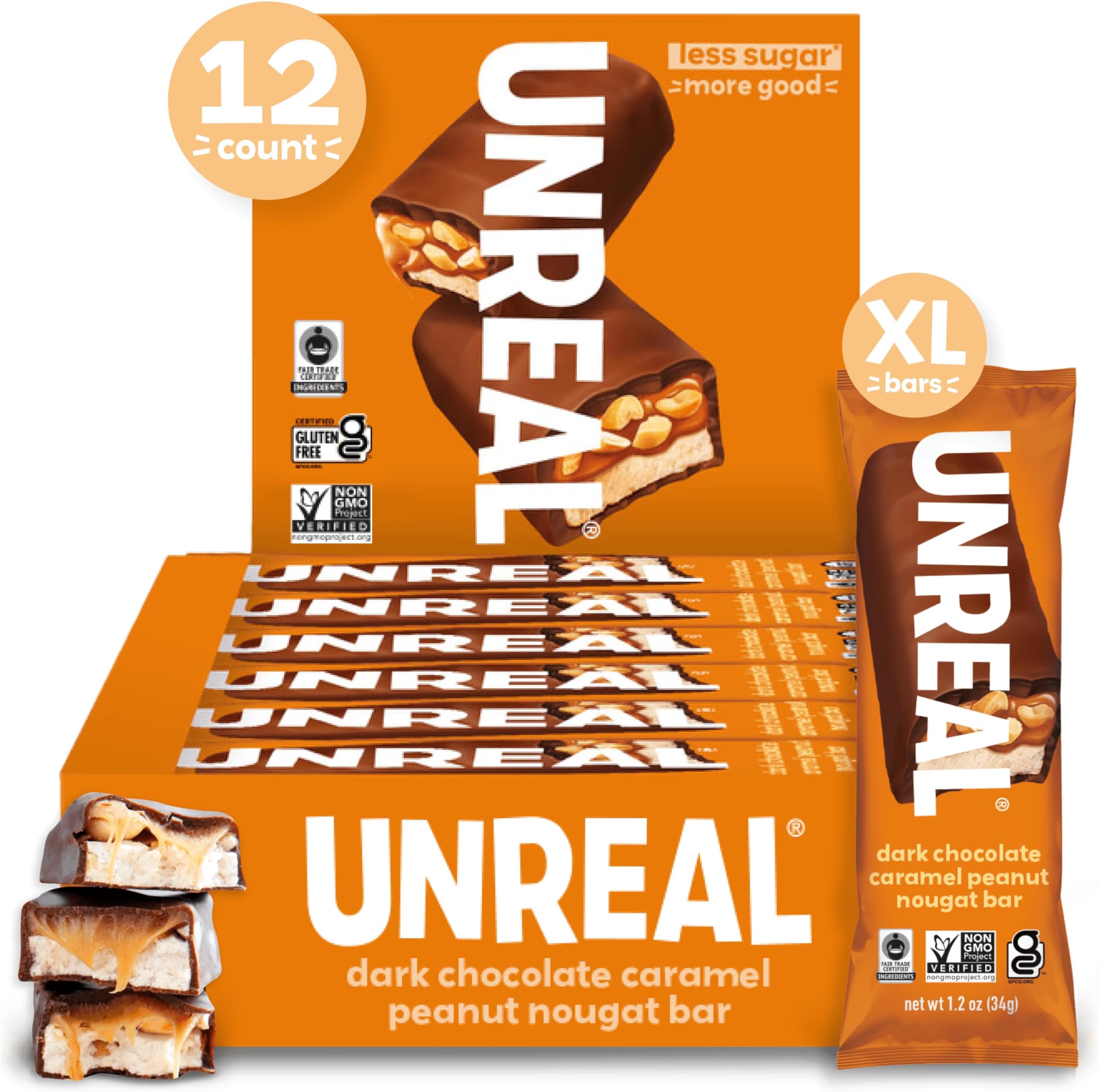 Dark Chocolate Peanut Caramel Nougat Bars (12 Full Size Bars)