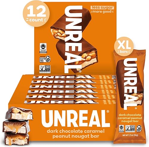 UNREAL Dark Chocolate Peanut Caramel Nougat Bars (12 Full Size Bars)