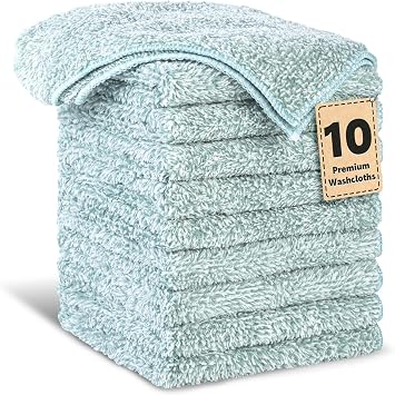 10 Pack Premium Washcloths, Highly Absorbent and Super Soft Face Towels | Multi-Purpose Fingertip Towels, 12 x 12 inch Bathroom Towels, Grayish Green