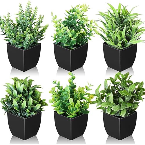 Yuxung 6 Pcs Small Fake Plants Artificial Potted Plants Aesthetic Eucalyptus Greenery Decor Kitchen Table Centerpieces for Summer Fall Home Bathroom Rustic Wedding Party (Greenery Style, Black Pot)