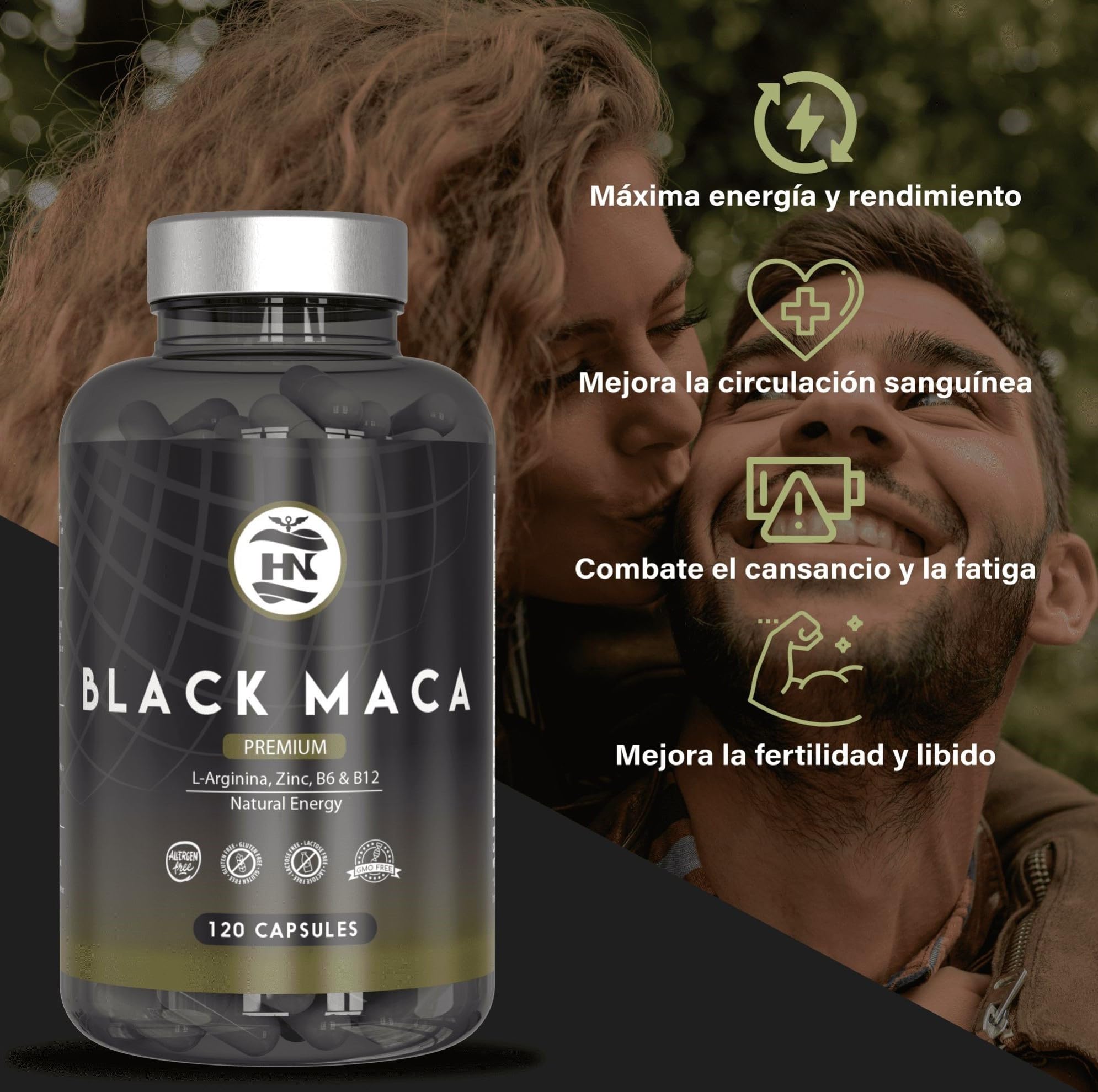 Maca Negra Andina Peruana con L arginina 24000 mg Altamente Concentrada 20:1 para máxima energía y rendimiento, Vitaminas B6 y B12 contra cansancio y fatiga Maka para hombres y mujeres (120x3 botes)