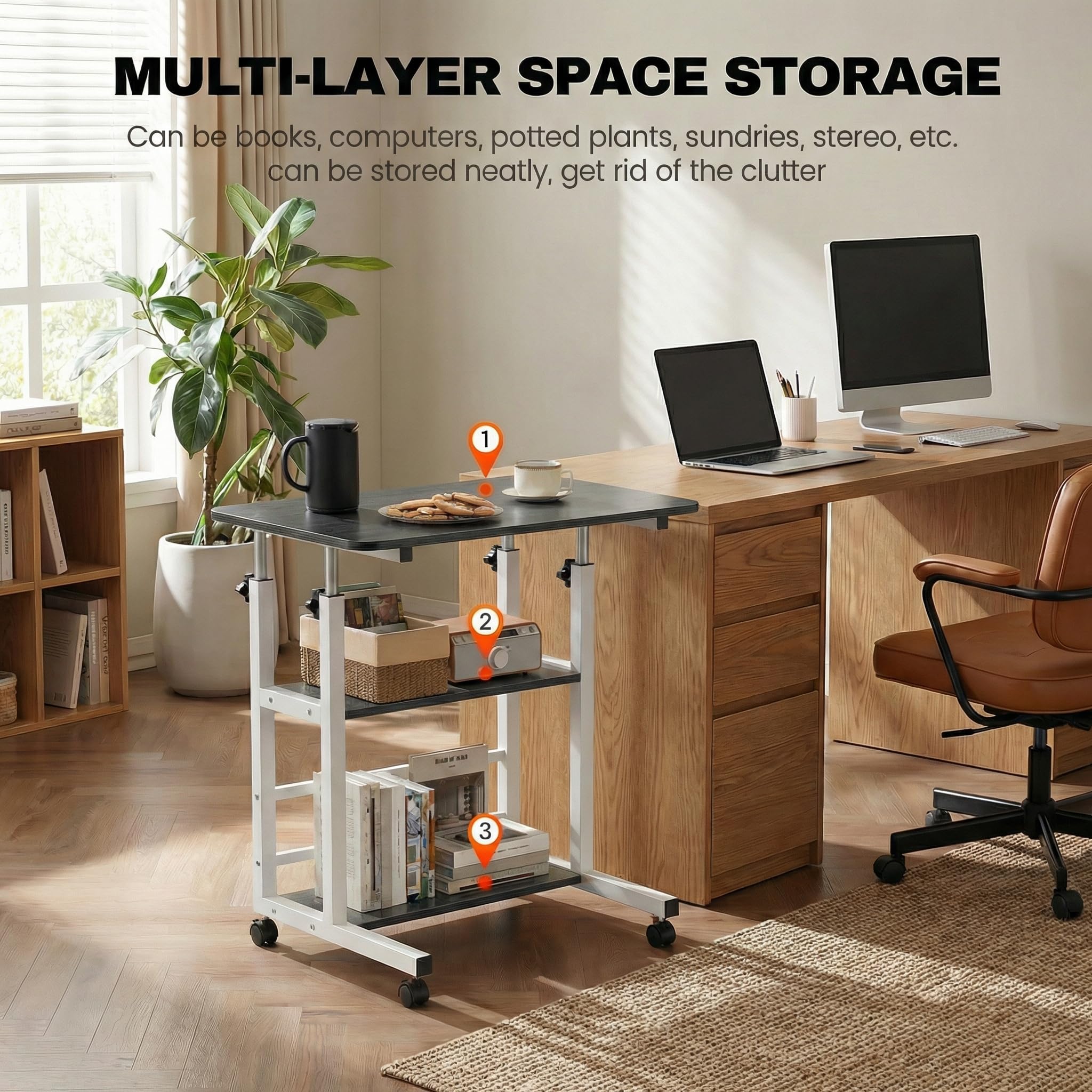 Huracan Höhenverstellbarer Laptoptisch auf Rollen 60×40×56–82 cm, 3 Ebenen, Robuster H-Rahmen, Pflege- & Beistelltisch mit Arretierbaren Rollen, Schwarz Gebürstet