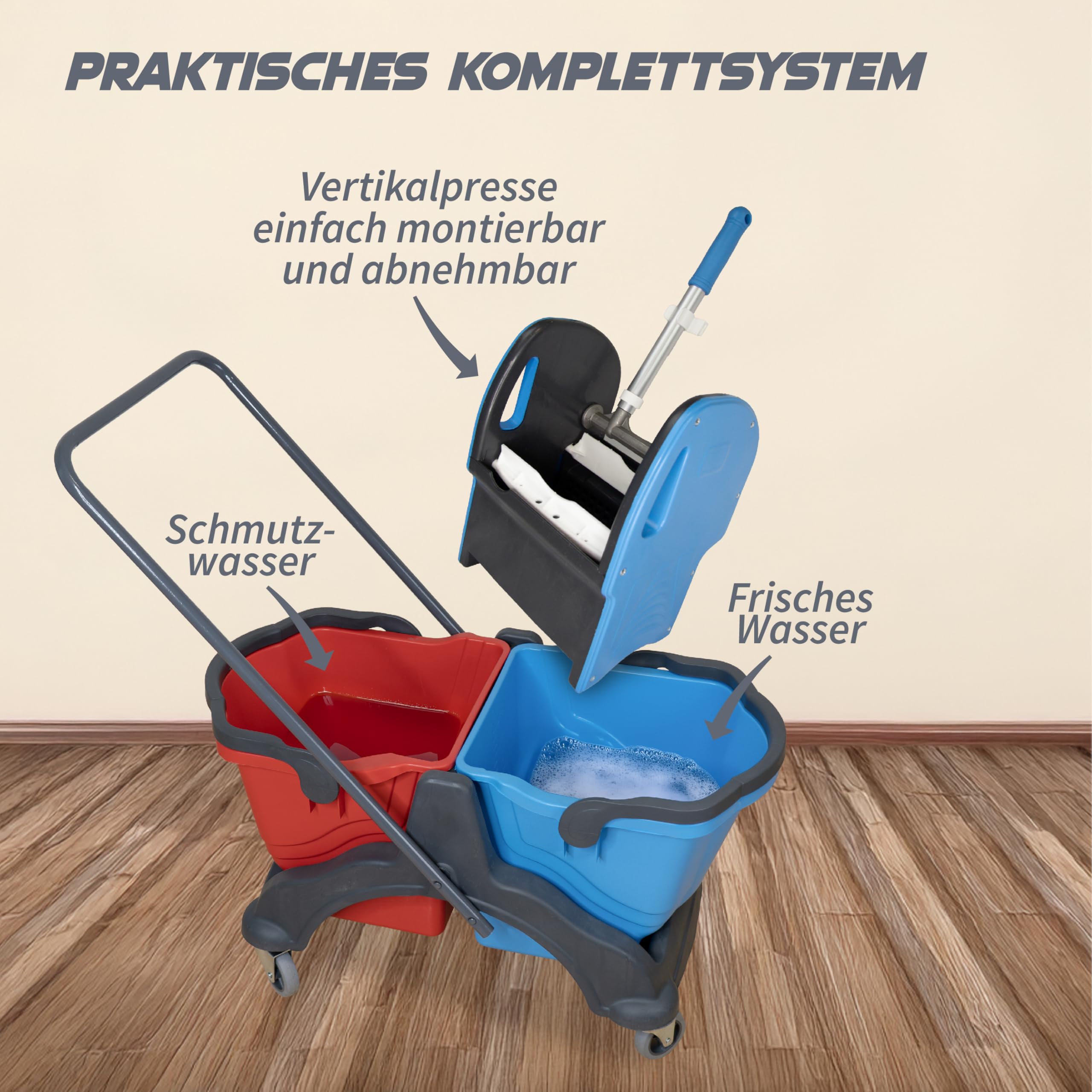 Putzwagen mit Wischmopp Presse Doppelfahreimer 2x 18L rot/blau für Gebäudereinigung