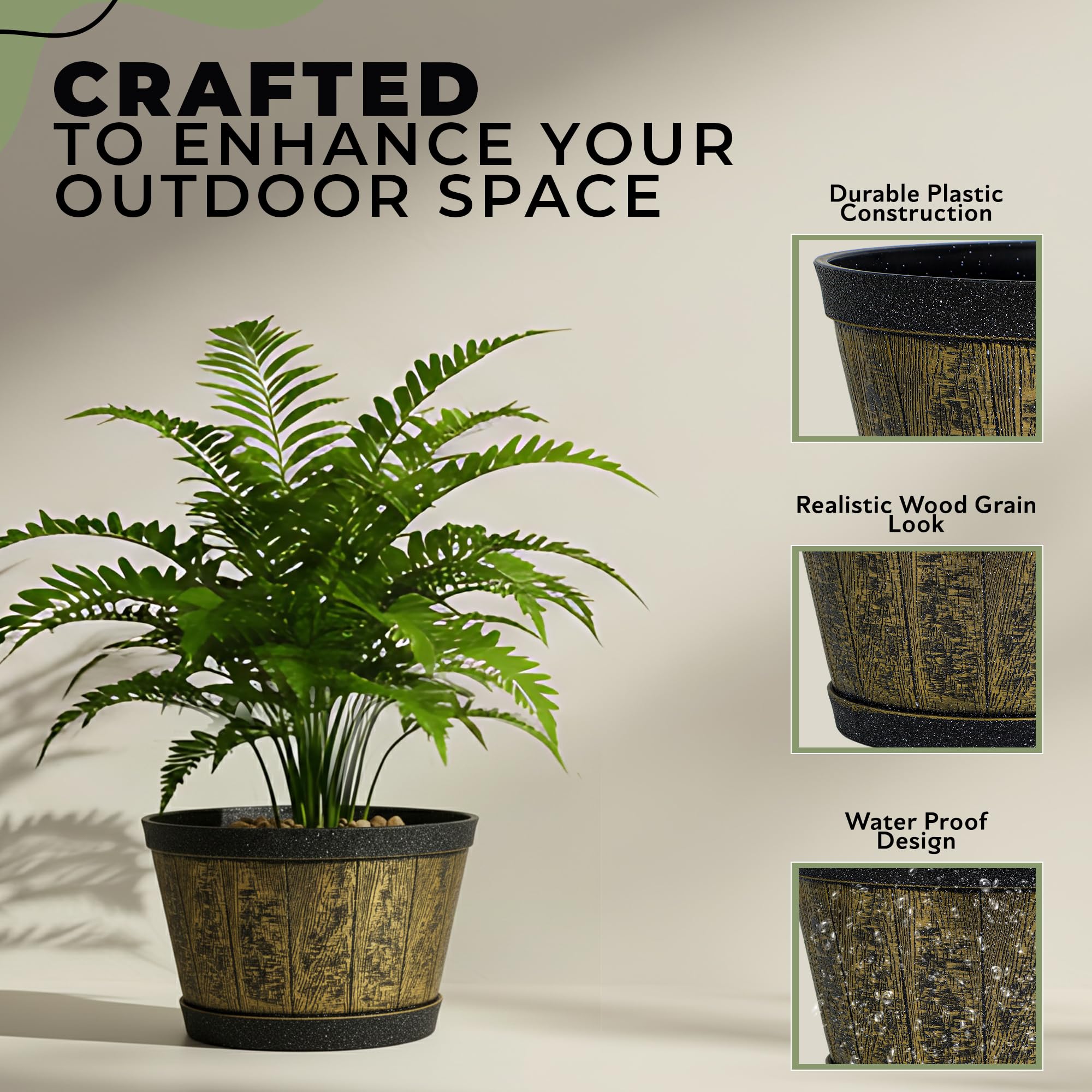 SG Traders Round Plastic Whisky Barrel Garden Pot Flower Pots Planter Tub Patio Pot Outdoor Traditional Barrel Brown with Silver Bands Garden Plant Pot Outdoors with Drainage Holes (Pack of 1) - Image 7