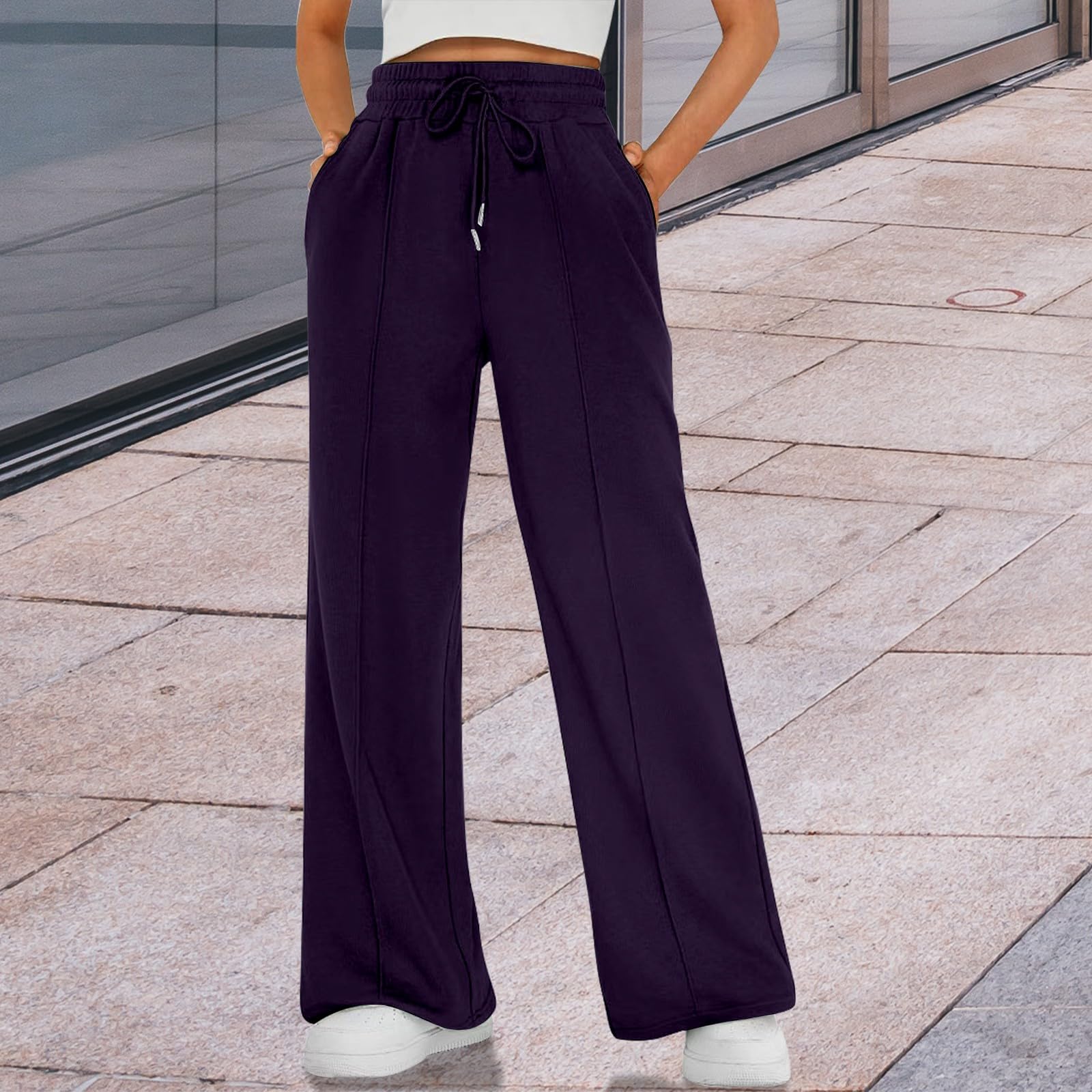 Pantalones de chándal para mujer, pierna ancha, pantalones de verano con cintura elástica, pantalones deportivos de tela elástica Culotte, holgados, pantalones lisos con bolsillos, adecuados