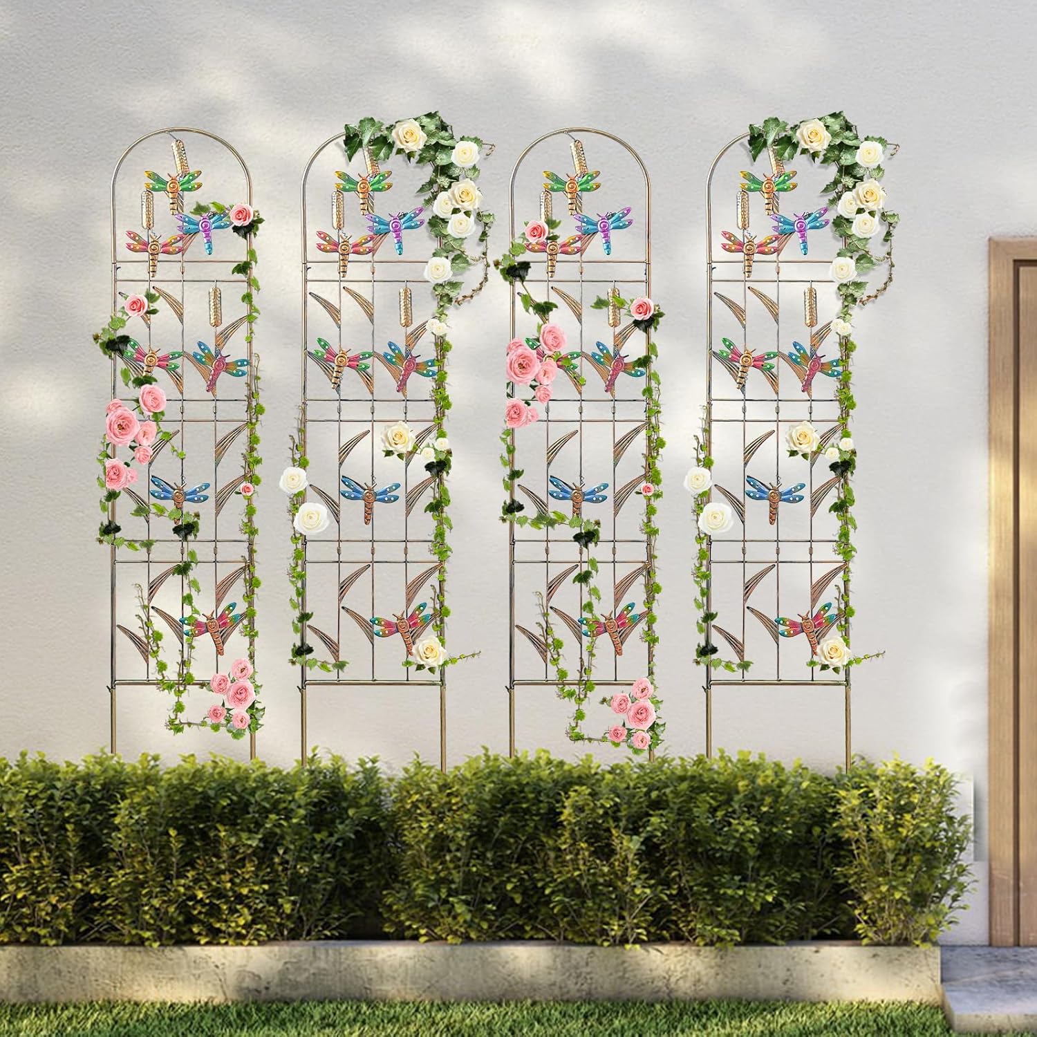 aboxoo Set of 4 Packs Dragonfly Metal Garden Trellis for Climbing Plants,Outdoor Decorative Flowers Arch Fence Trellis for Outdoor Patio,Garden,Lawn,Yard,Backyard,Wall Brackets,60'' H x 11'' W