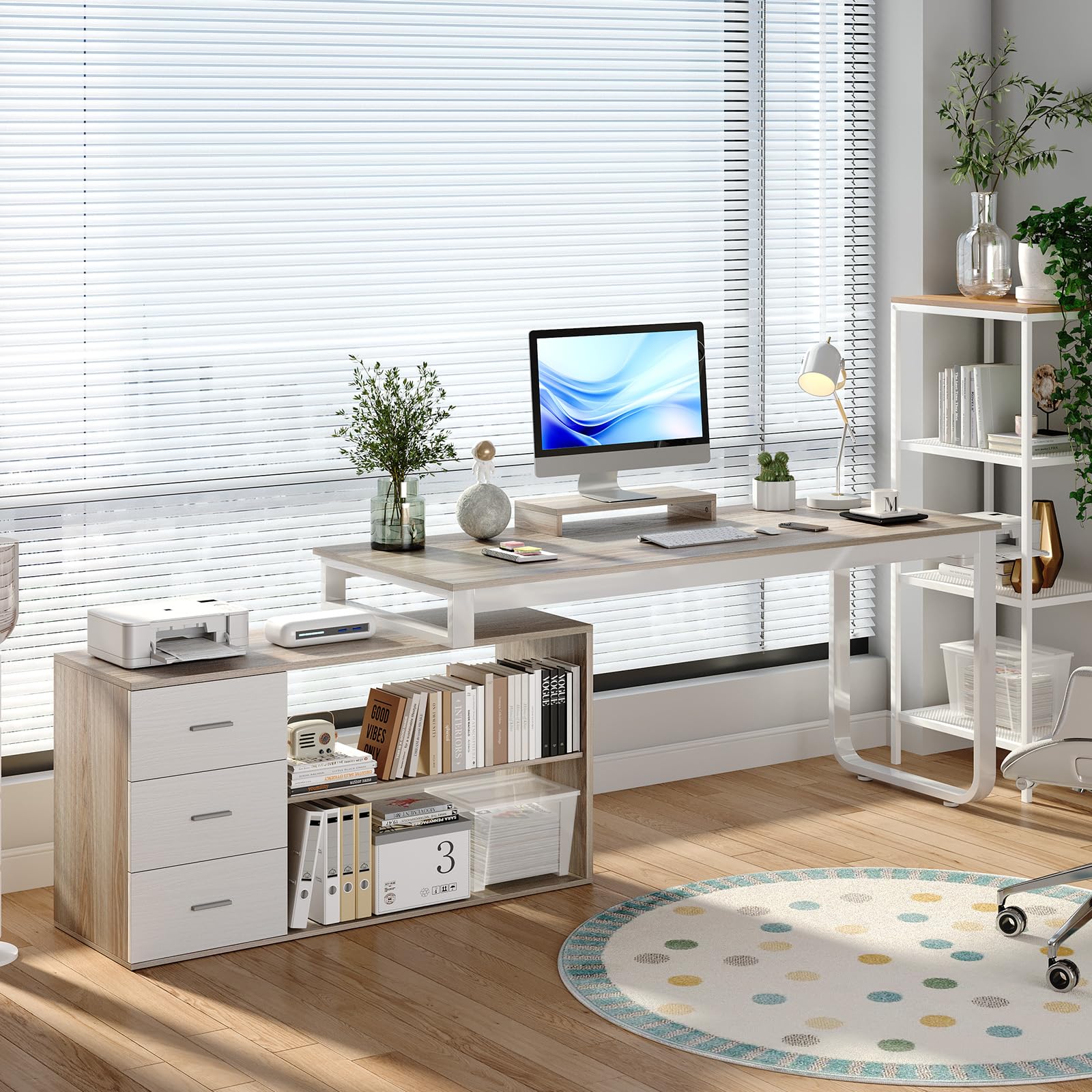 HOMBCK L Shaped Desk with Drawers and Shelves, 55" Office Desk with Storage, Removable Monitor Stand, Reversible L Shaped Desk, Corner Desk for Bedroom,Home Office, White & Walnut