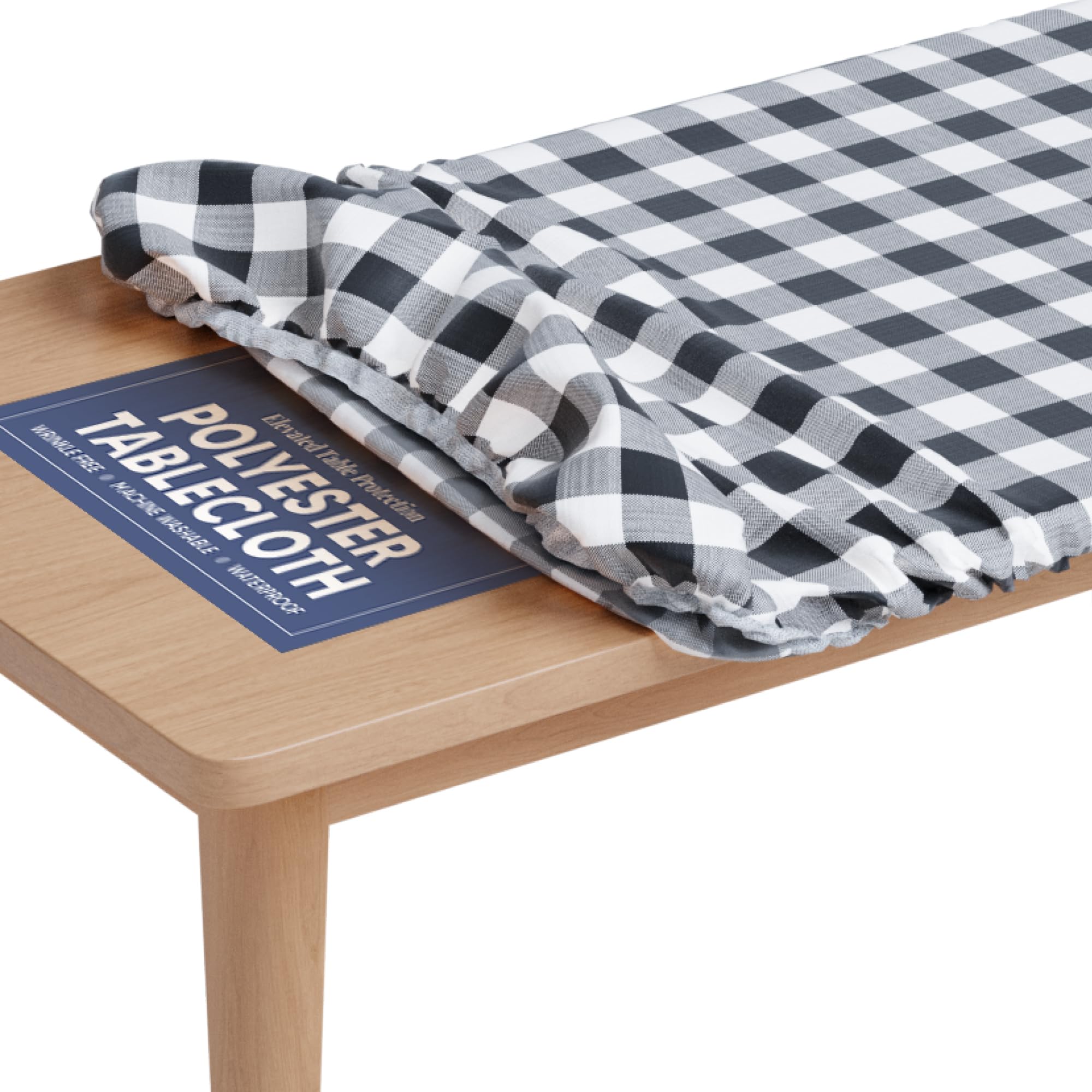 Tablecloth of Polyester -Fitted with Elastic, Water Proof, Washable, Fits for Table 24 x 48 Inch, Checked Black Design, for Indoor/Outdoor Kitchen and