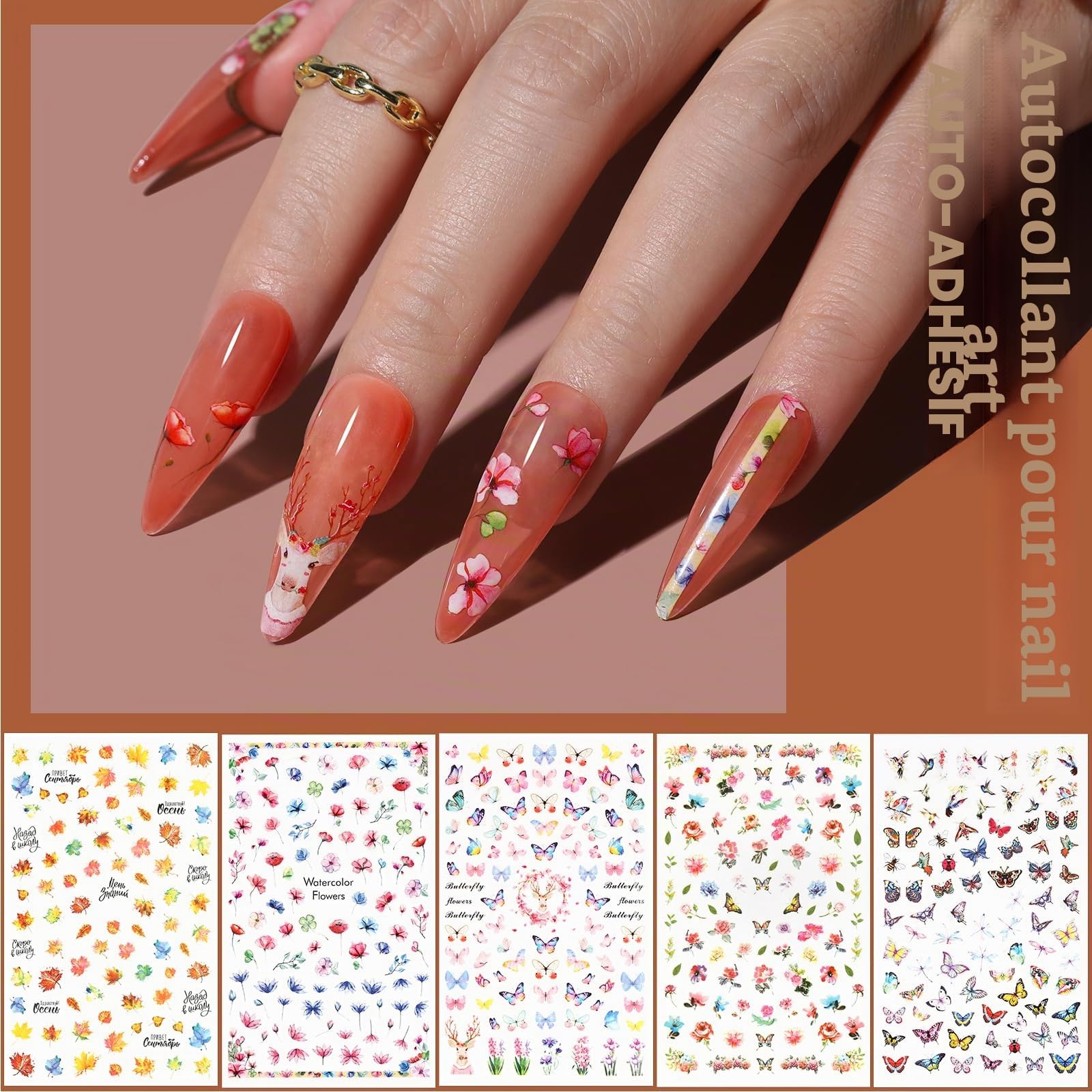 FANDAMEI Kit Nail Art - Pinceaux, Dotting Pens, Autocollants, Strass, Paillettes Papillon, Feuille d'Or pour Décoration d'Ongles (Rose)