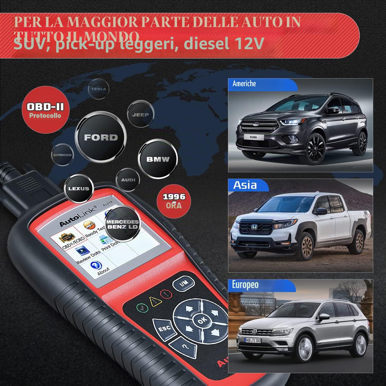 Autel AL519 AutoLink Strumento Diagnostico Auto OBD2 Scanner Motore Auto Lettore di Codice di Errore, con Modello Avanzato 6, Versione Avanzata di AL319