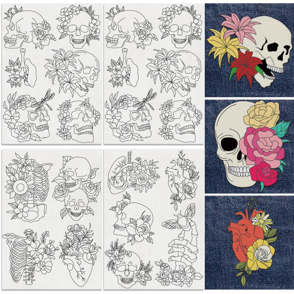 DOODLREAM 21Pcs Flower Skull Embroidery Pattern Stabilizer, 8.3