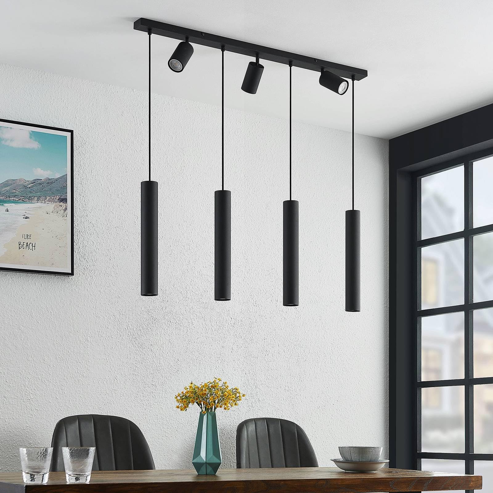 Lindby Lampada a Sospensione 7 Luci Nera 100 cm, Lampadario con Faretti Orientabili e Pendenti Cilindrici GU10 Lampade Sospese Moderne per Cucina Sala da Pranzo Soggiorno Camera Letto